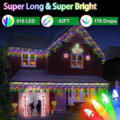 Miniatura 2 de Luces LED de Navidad de 82 pies para exteriores con 176 gotas, decoraciones de Navidad, luces colgantes 616 LED, 8 modos, tira de luces de hadas