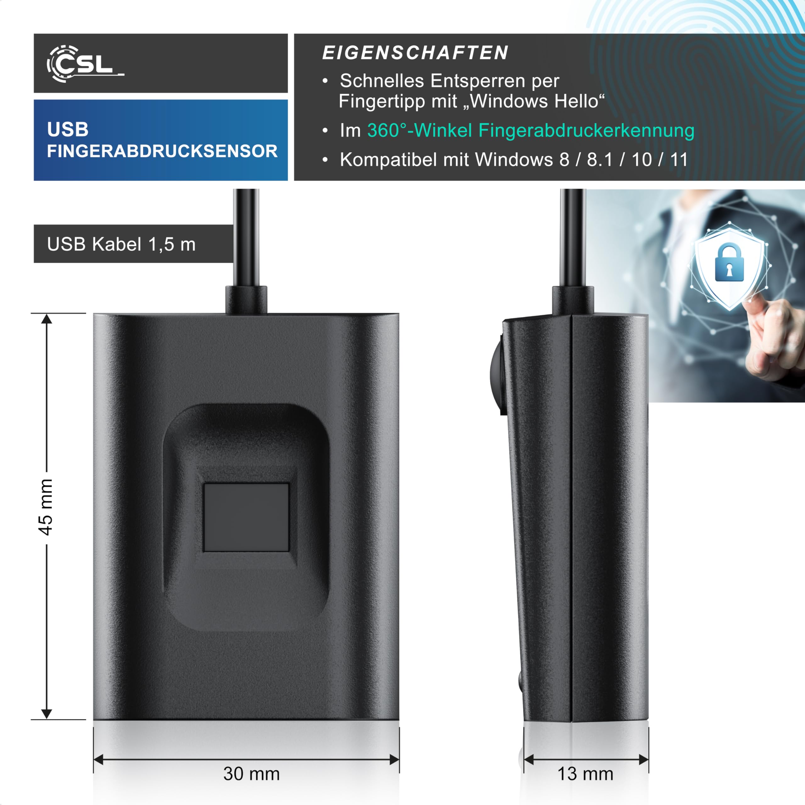 CSL USB Fingerabdrucksensor Fingerprint Key Windows 8-11 Plug & Play 10 IDs