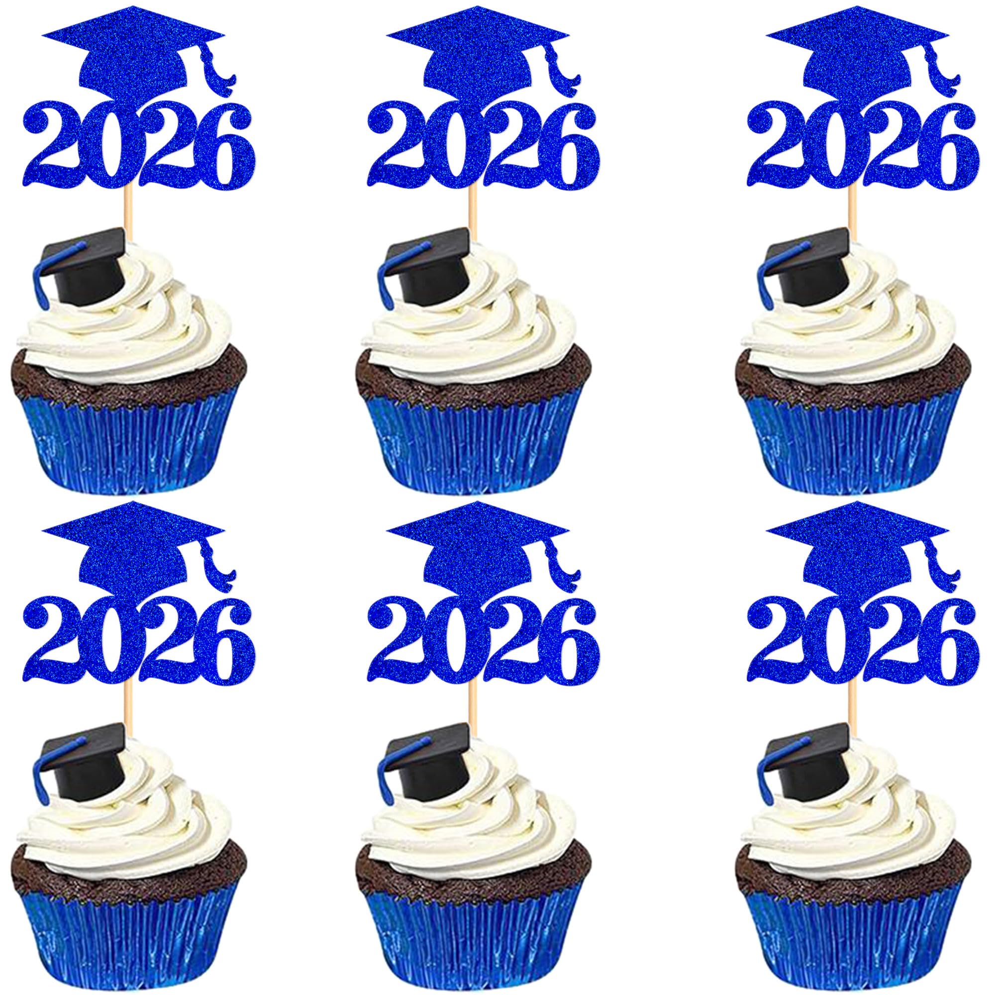 Blumomon 36Pcs 2026 Graduation Cupcake Toppers Blue Glitter Class of 2026 Grad Cap Cupcake Picks for 2026 Graduation Theme Party Cake Decorations Supplies — image 1