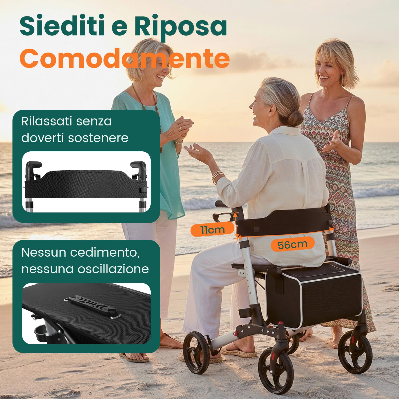 Rollator con seduta, Rollator a 4 ruote pieghevole per adulti, Portata fino a 136 kg, Sistema di doppio freno, Ruote da 8"", 6 livelli di altezza regolabile, Borsa rimovibile & Schienale – Argento