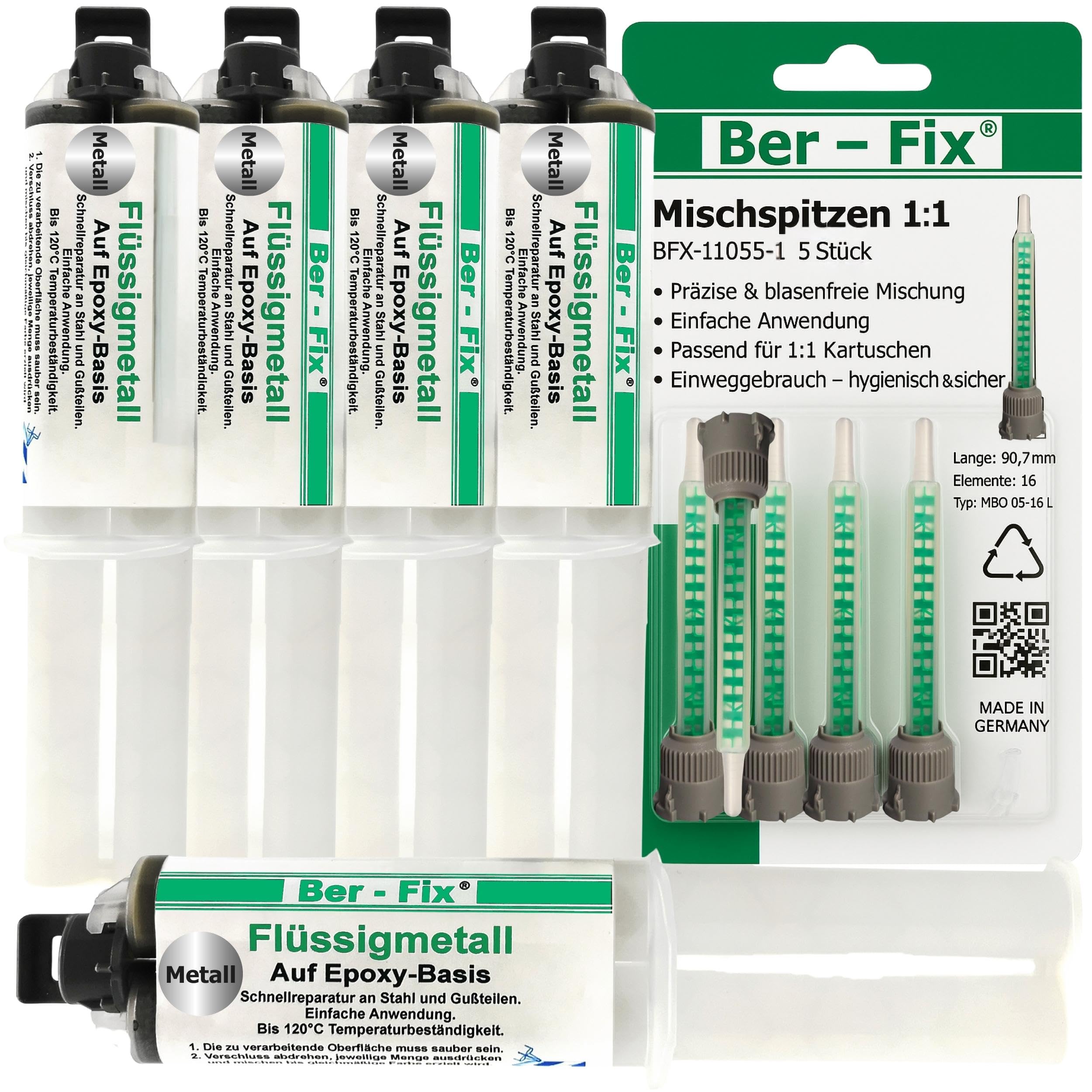 Ber-Fix Flüssigmetall Epoxidkleber 5x25g + 5 Mischdüsen metallgefüllt