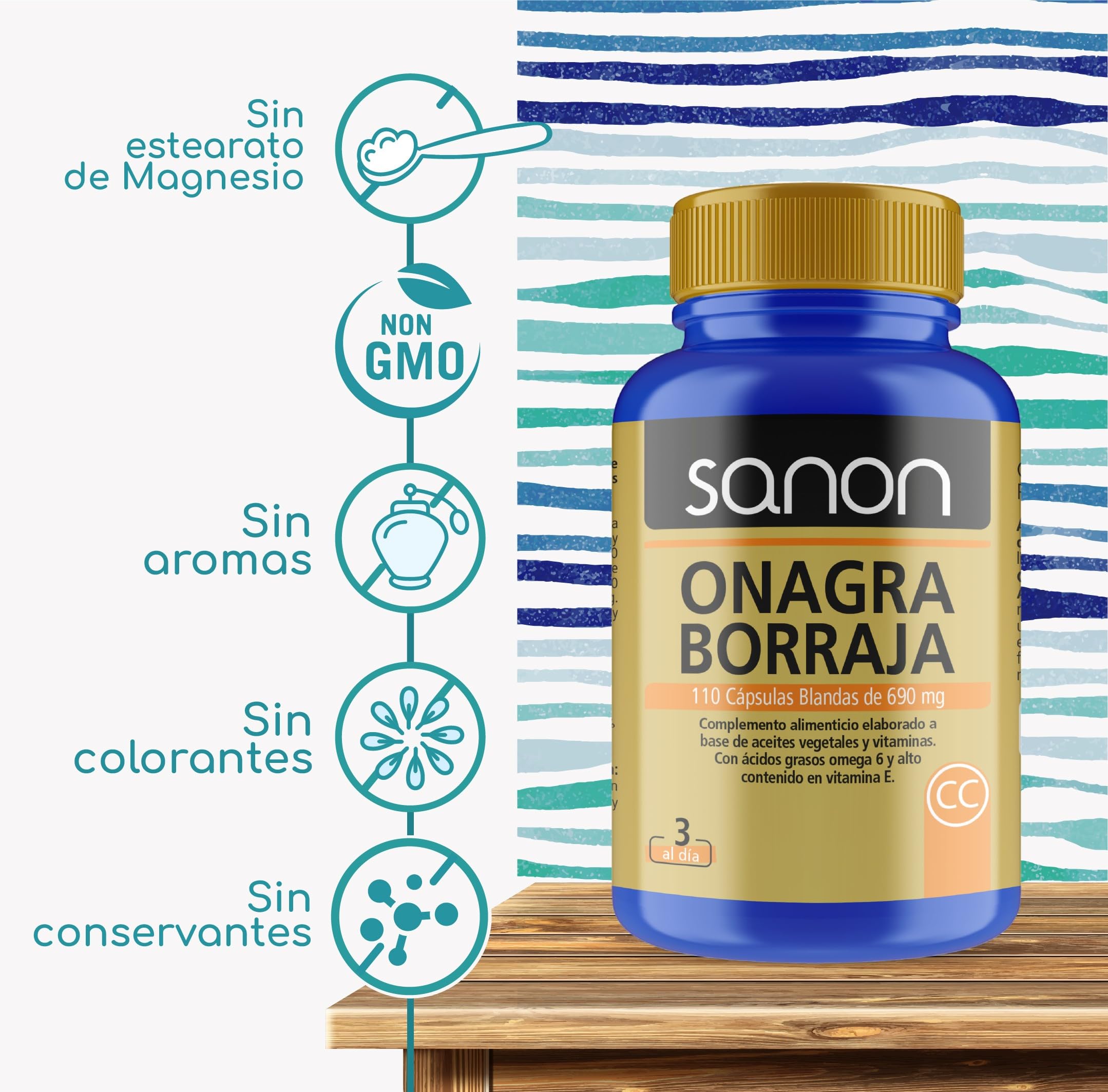 SANON Onagra y Borraja con Omega 6 y Vitamina E, 110 Cápsulas de 690 mg