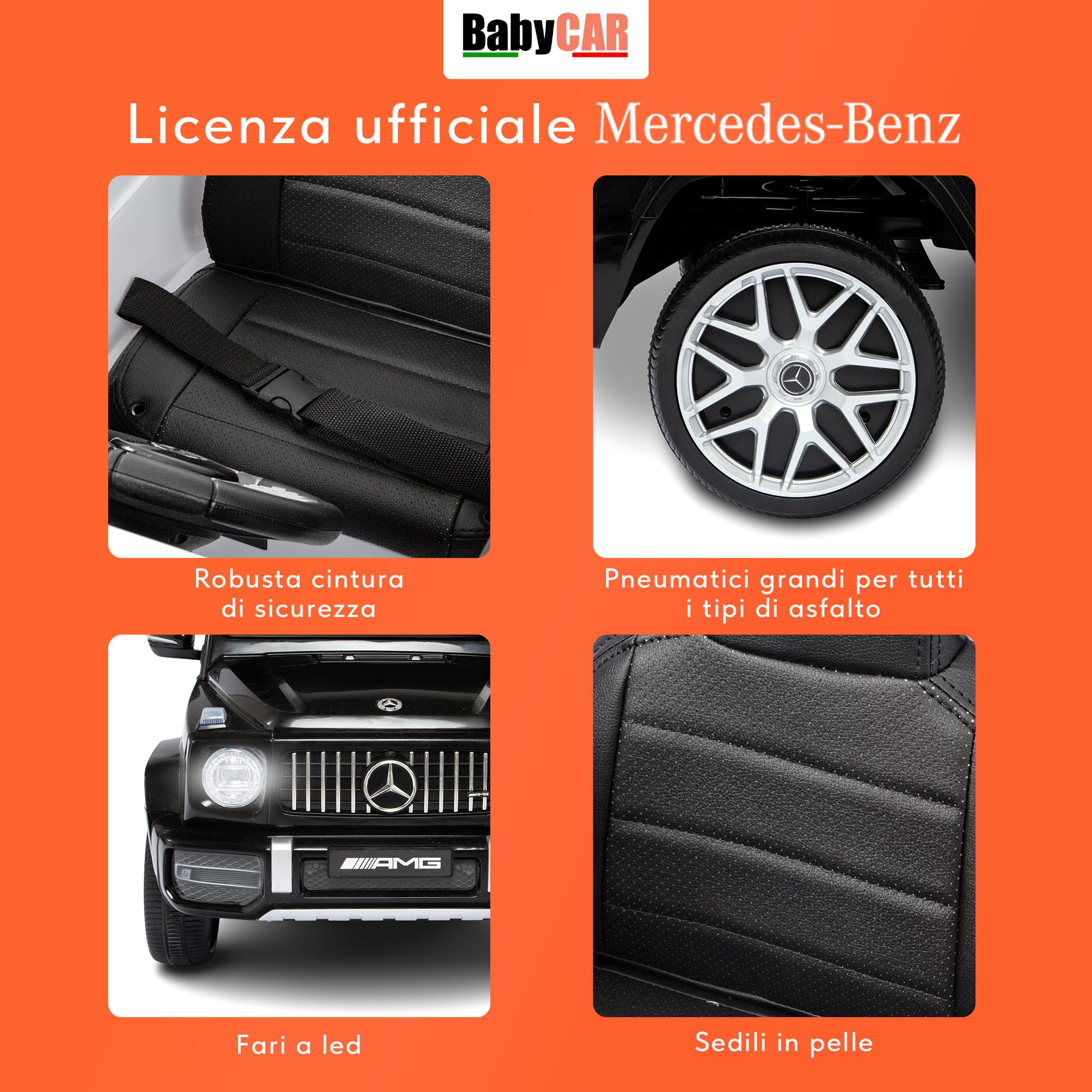 BabyCar Mercedes G63 Sport | Macchina per Bambini Elettrica Telecomandata 12V con 2 Motori 25W | Auto Elettrica per Bambini con Sedile in Pelle, Porte Apribili, USB | Licenza Ufficiale | Nero, MP3