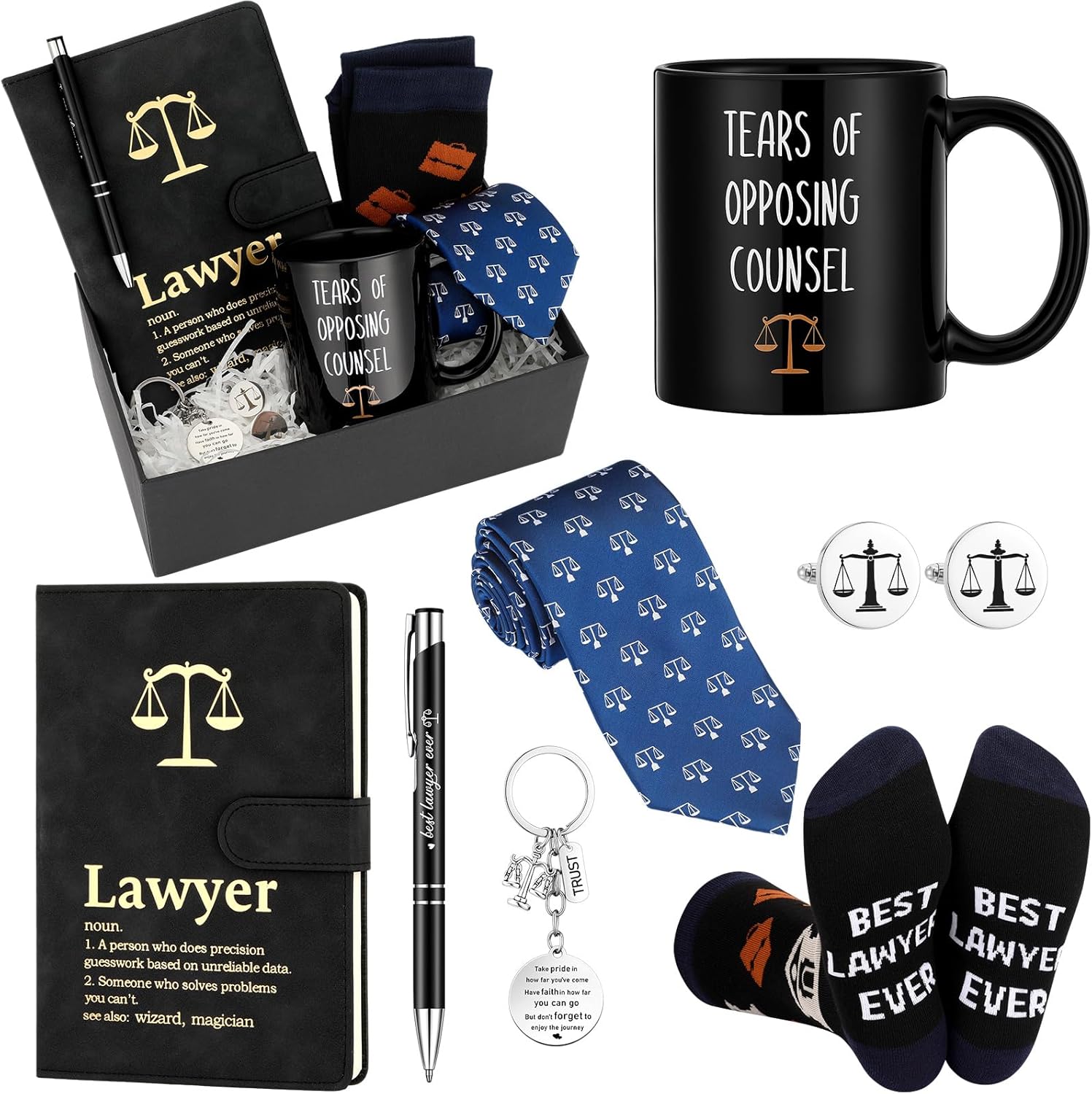 7 Pcs Lawyers Gifts Set for Men Include Leather Journal 11 oz Tears of Opposing Counsel Coffee Mug Law Pen Necktie Justice Cufflink Novelty Socks KeyChain Gift for Attorney Judge(Blue)