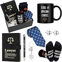 7 Pcs Lawyers Gifts Set for Men Include Leather Journal 11 oz Tears of Opposing Counsel Coffee Mug Law Pen Necktie Justice Cufflink Novelty Socks KeyChain Gift for Attorney Judge(Blue)