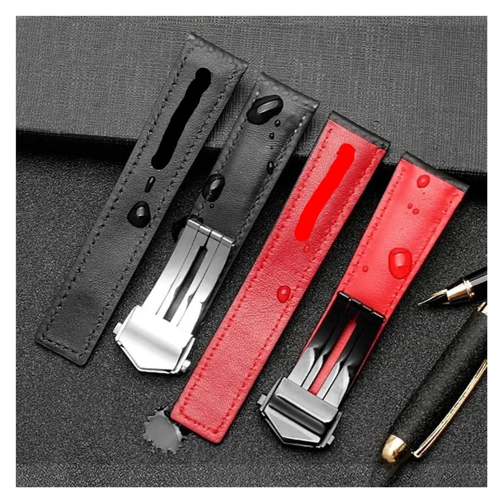 Uhrenarmbänder aus echtem Leder, Karbonfaser-Muster, echtes Leder-Uhrenarmband, Ersatzarmband for Herrenuhren(Black Red Silver,22mm)