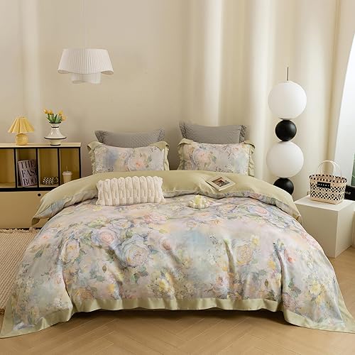 Miniatura 11 de ECOCOTT Funda de edredón tamaño Queen - Juego de funda de edredón floral verde reversible, ultra suave y transpirable, con cierre de cremallera, 4