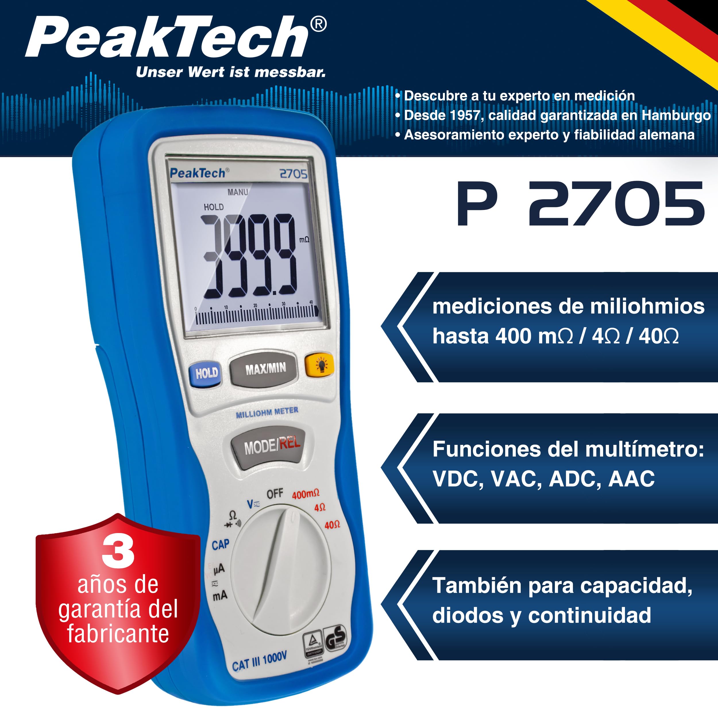 PeakTech 2705 Miliamperímetro digital CAT III 1000 V con cables Kelvin de 4 pines