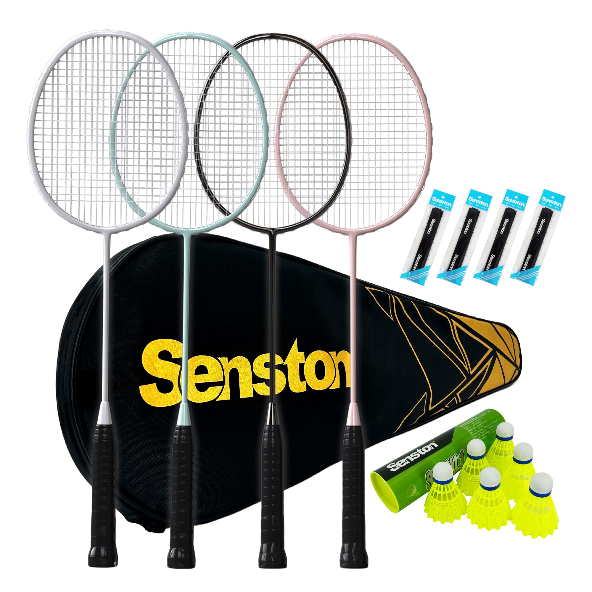 Senston Professional Badminton Rackets Set of 4 - Carbon Fiber, 6 Shuttlecocks, 4 Grips & Bag for Backyard Games | 90g Lightweight