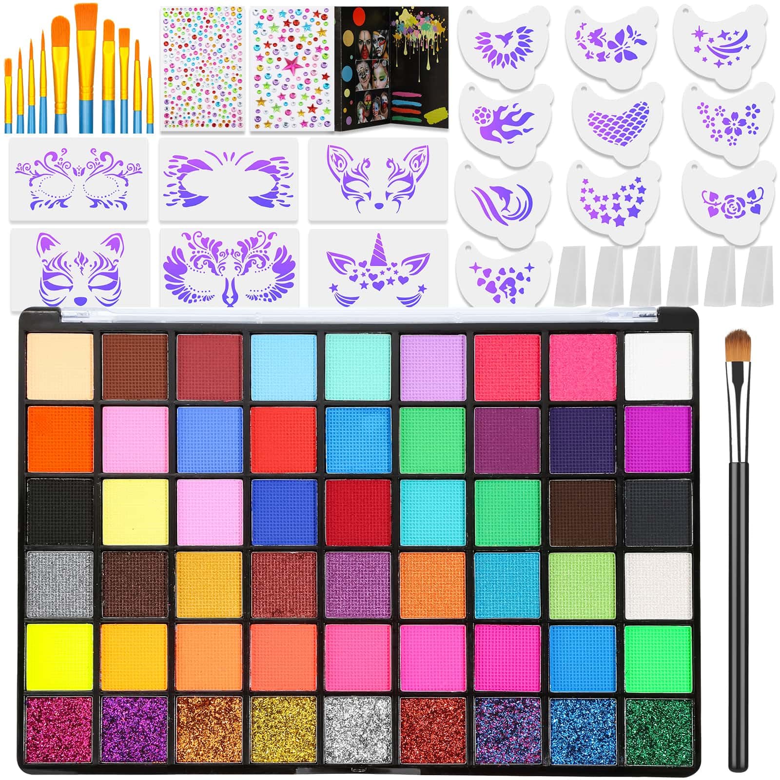 Kit profesional de pintura facial para niños y adultos, kit de maquillaje de cosplay activado por agua de 54 colores, pintura corporal no tóxica con plantillas, gemas, pinceles, para Halloween