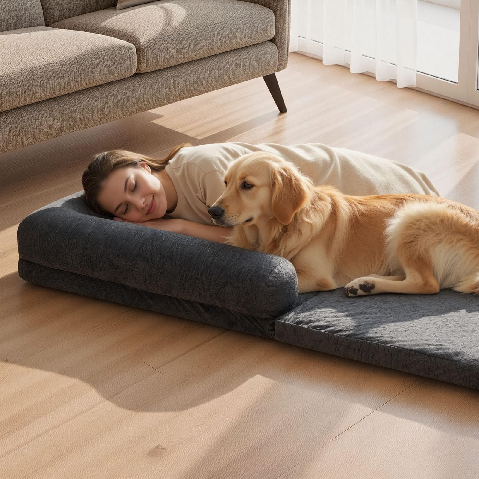 VEVOR Cama para Perros Rectangular, 179 x 95 x 22 cm, Ortopédica, de Espuma Viscoelástica, Tamaño Humano, con Bolsillo Lateral, Asa y Cremallera, Funda Extraíble y Lavable a Máquina, Gris Oscuro