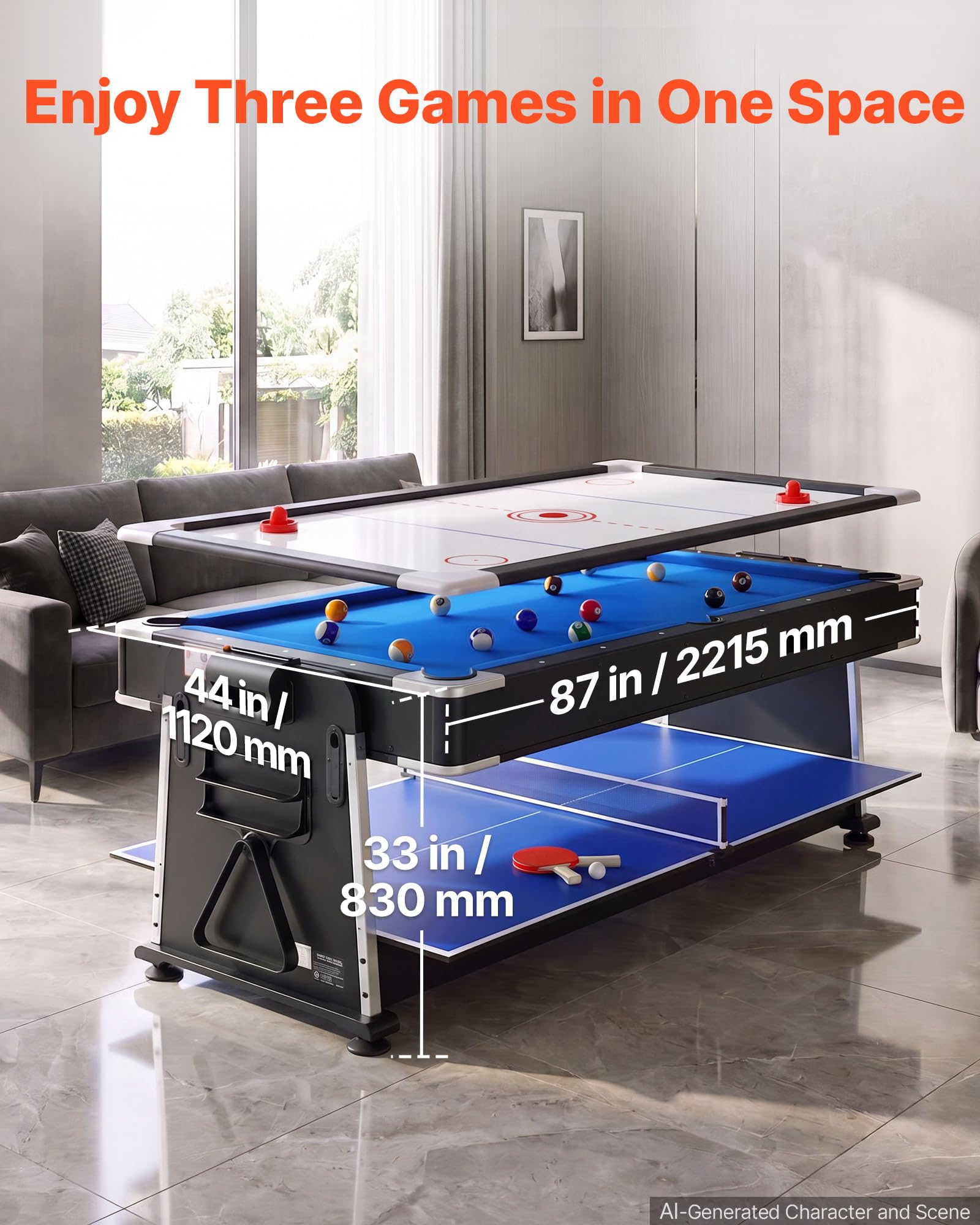 VEVOR Table Multijeux 221,5 cm, Air Hockey, Ping-Pong et Billard 3 en 1