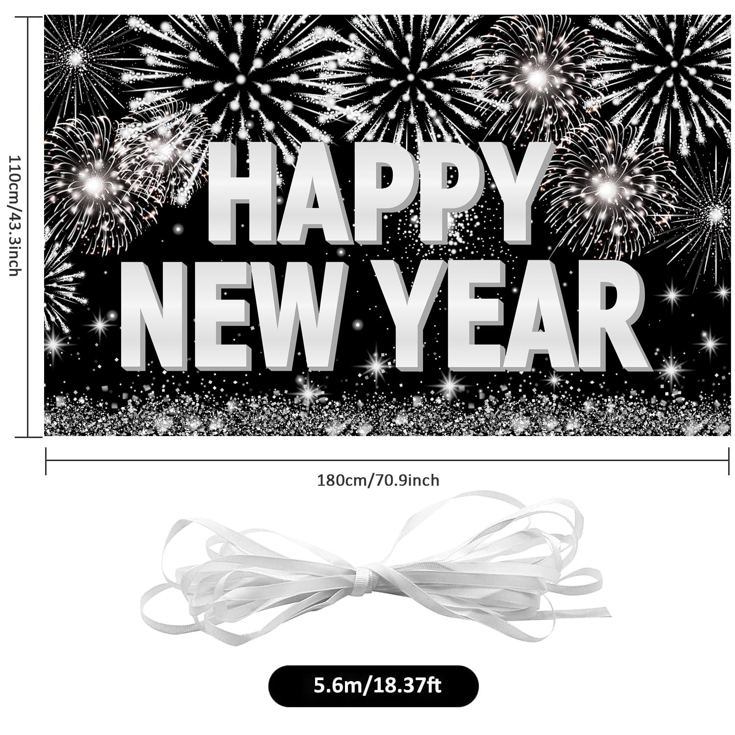 XXL Silvester-Banner „Happy New Year“ – 180x110 Cm, Schwarz-gold, Für Partys & Fotohintergrund