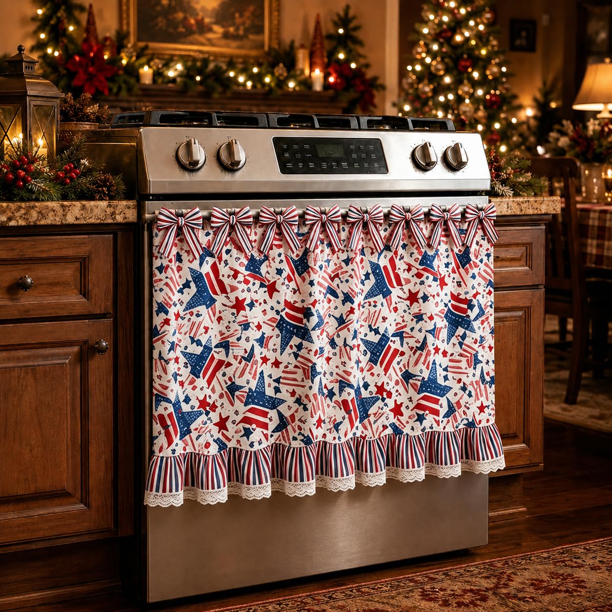 Farmhouse Oven Skirt Curtain Christmas Oven Curtain with 8 Ribbon Ties
