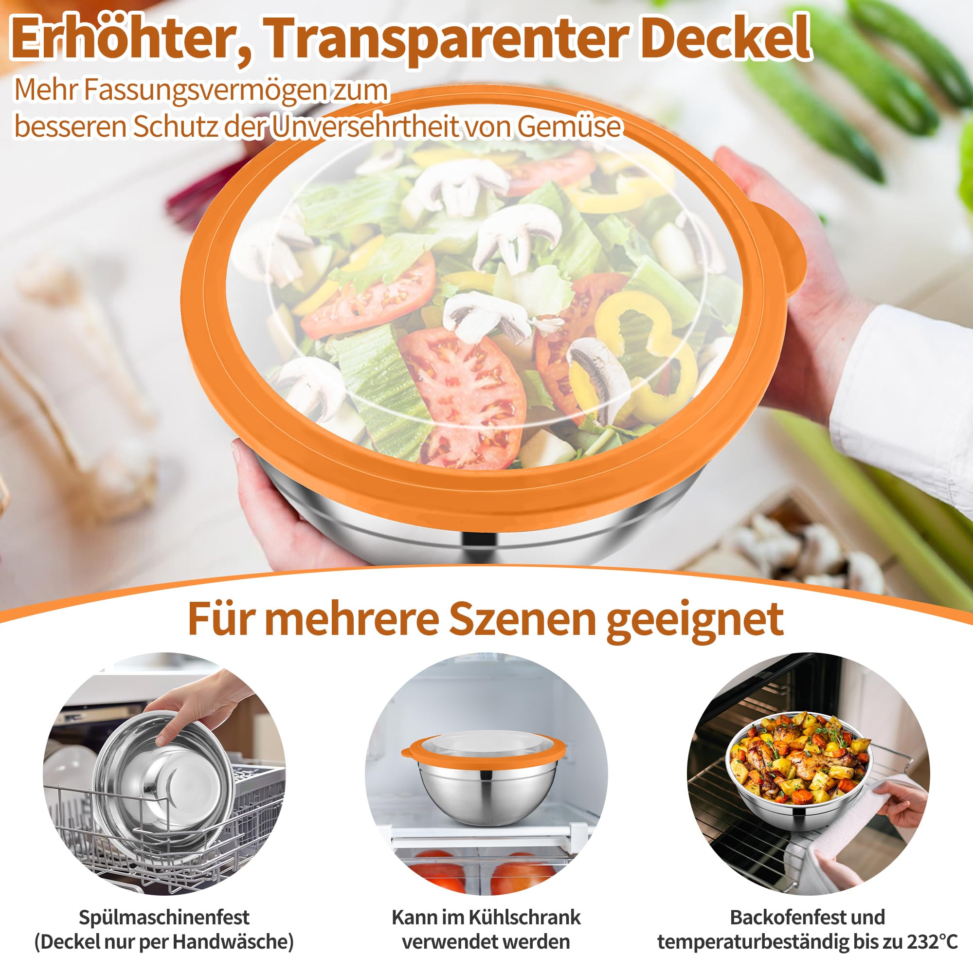 Joyfair Juego de 6 cuencos de acero inoxidable con tapa transparente y 3 accesorios para rallador, 4,5 L, 2,7 L, 2 L, 1,5 L, 1,2 L, 0,7 L, ensaladera para cocinar, apilable y apto para lavavajillas