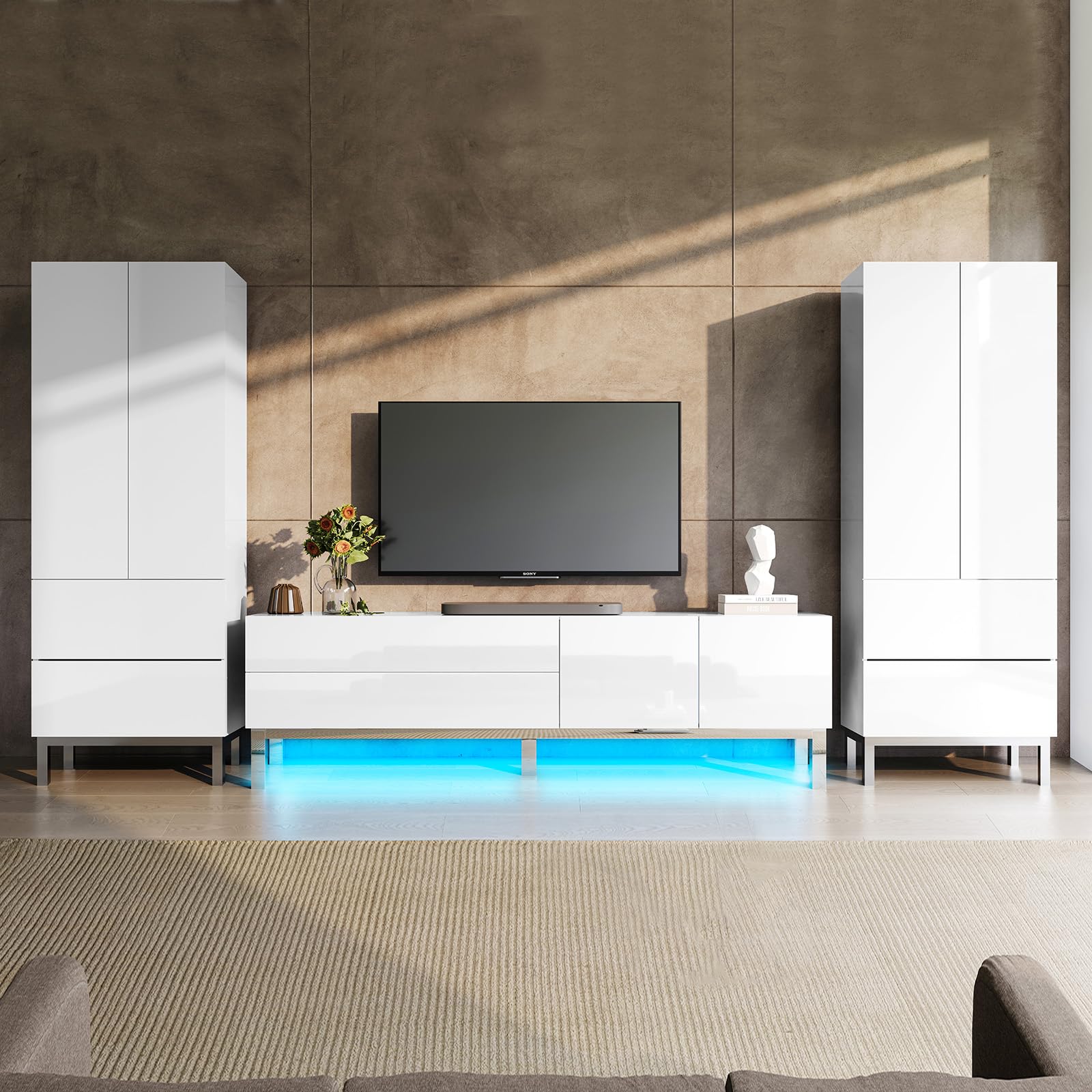 LUXOAK Moderner Hochglanz Schrank Weiß mit 2 Türen & 2 Schubladen – 86×40×178 cm Mehrzweckschrank mit Metallfüßen, Push-to-Open, Verstellbare Einlegeböden Für Wohnzimmer, Küche, Flur