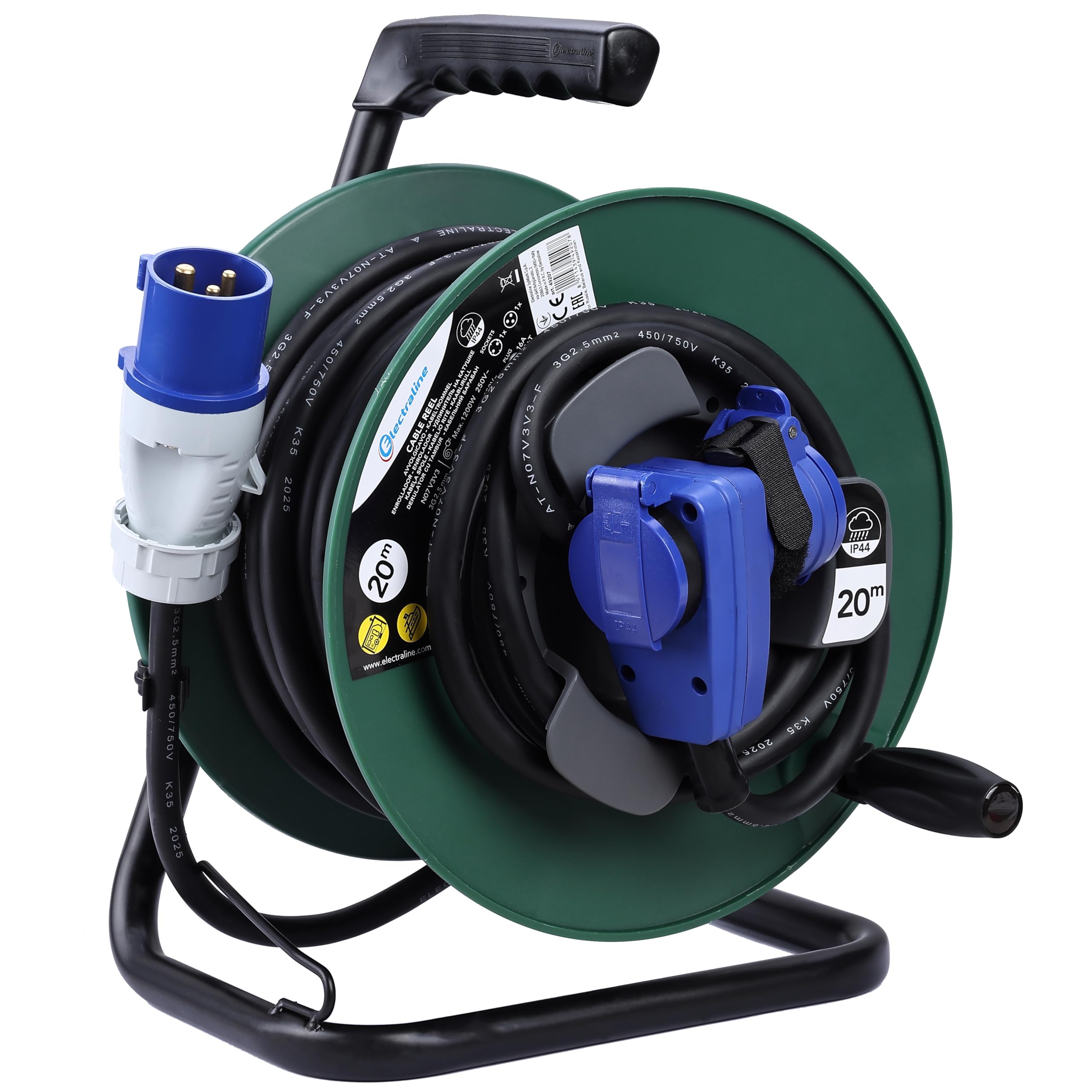 Electraline 49207 Rallonge avec enrouleur de câble 20M pour camping-car, camping, caravane, IP44, 2 prises (industrielle + Schuko), câble AT-N07V3V3-F section 3G2.5