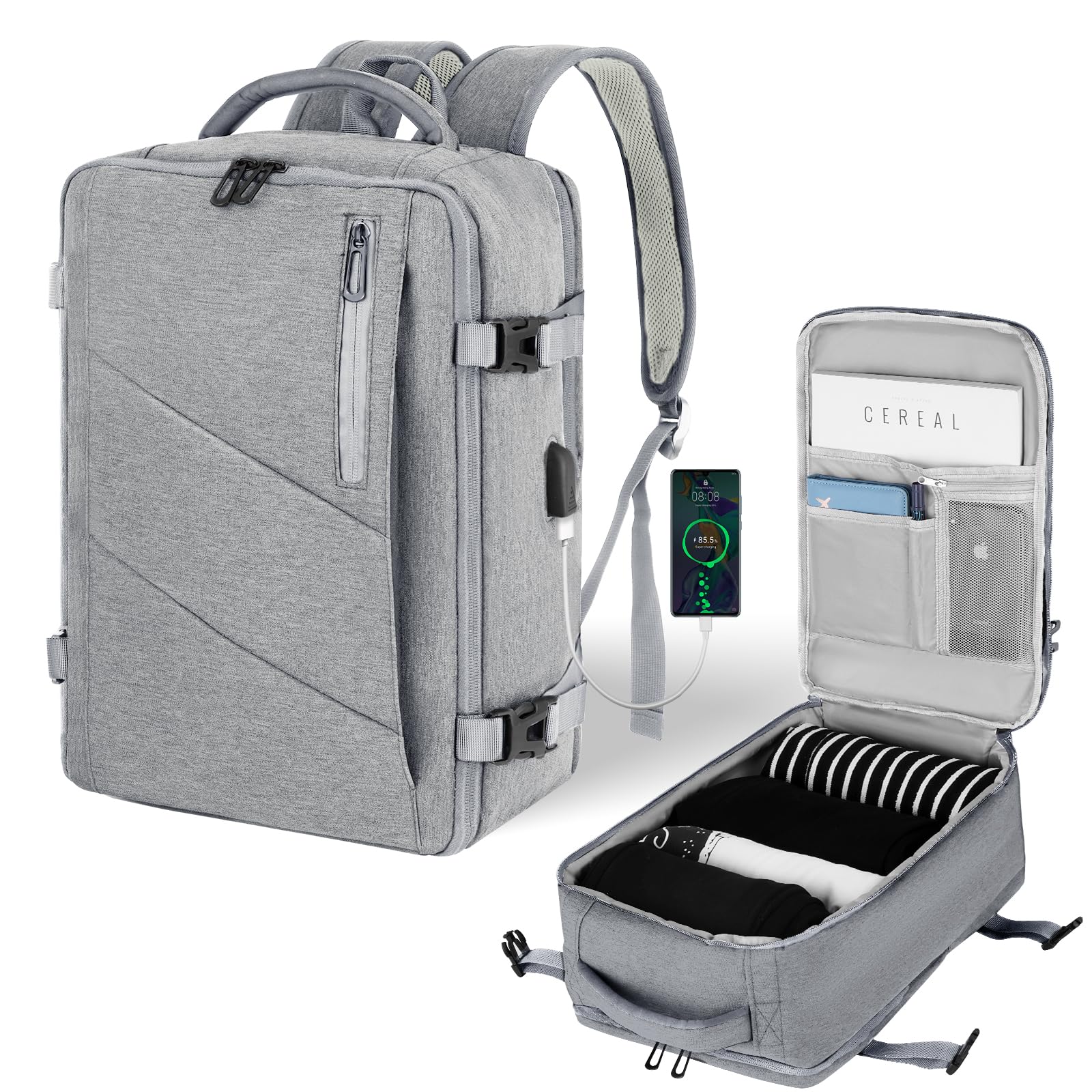 Zaino 45x36x20 per Easyjet, Zaino da Viaggio Aereo Bagaglio a Mano Grigio Chiaro Zaino Porta PC Donna Uomo Impermeabile Zaino Bagaglio a Mano per Tutte le Principali Compagnie Aeree, con Porta USB 32L