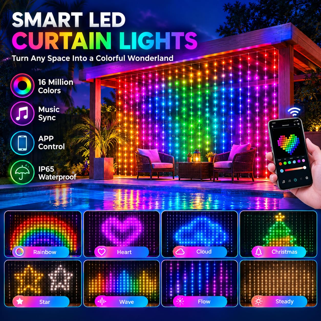 Tenda Luminosa Intelligente Natalizia da Esterno, 400 RGB LED con App e Telecomando, Telecomando e App, Motivi DIY, Ideale per Decorazioni Natalizie e Festa (1 * 1m)