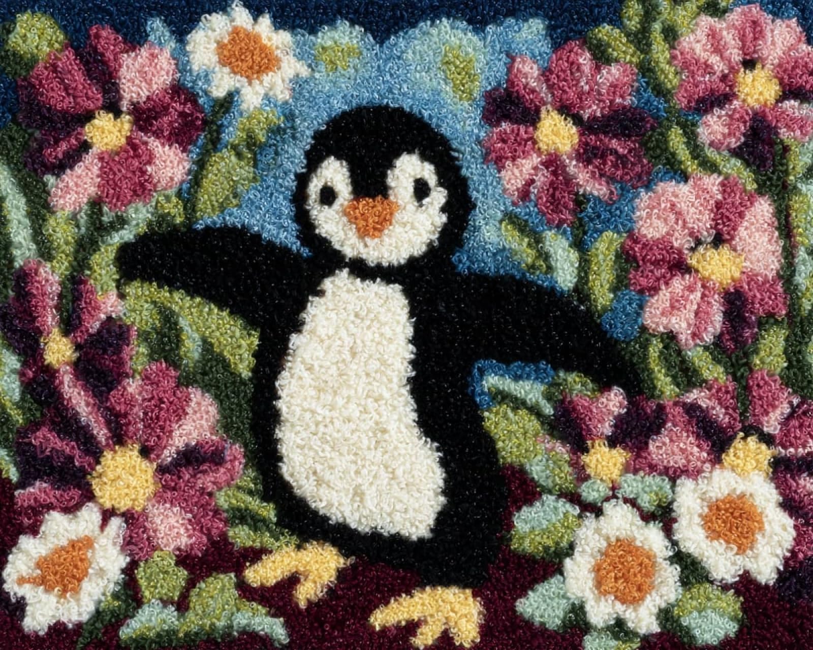 Wallphantom 004 Rug Making Kit For Adults Beginners,Penguins And Flowers,Latch Hook Cushion Kits,Carpet Embroidery Needlework Crocheting,Tapestry For Home Decoration,80X115cm