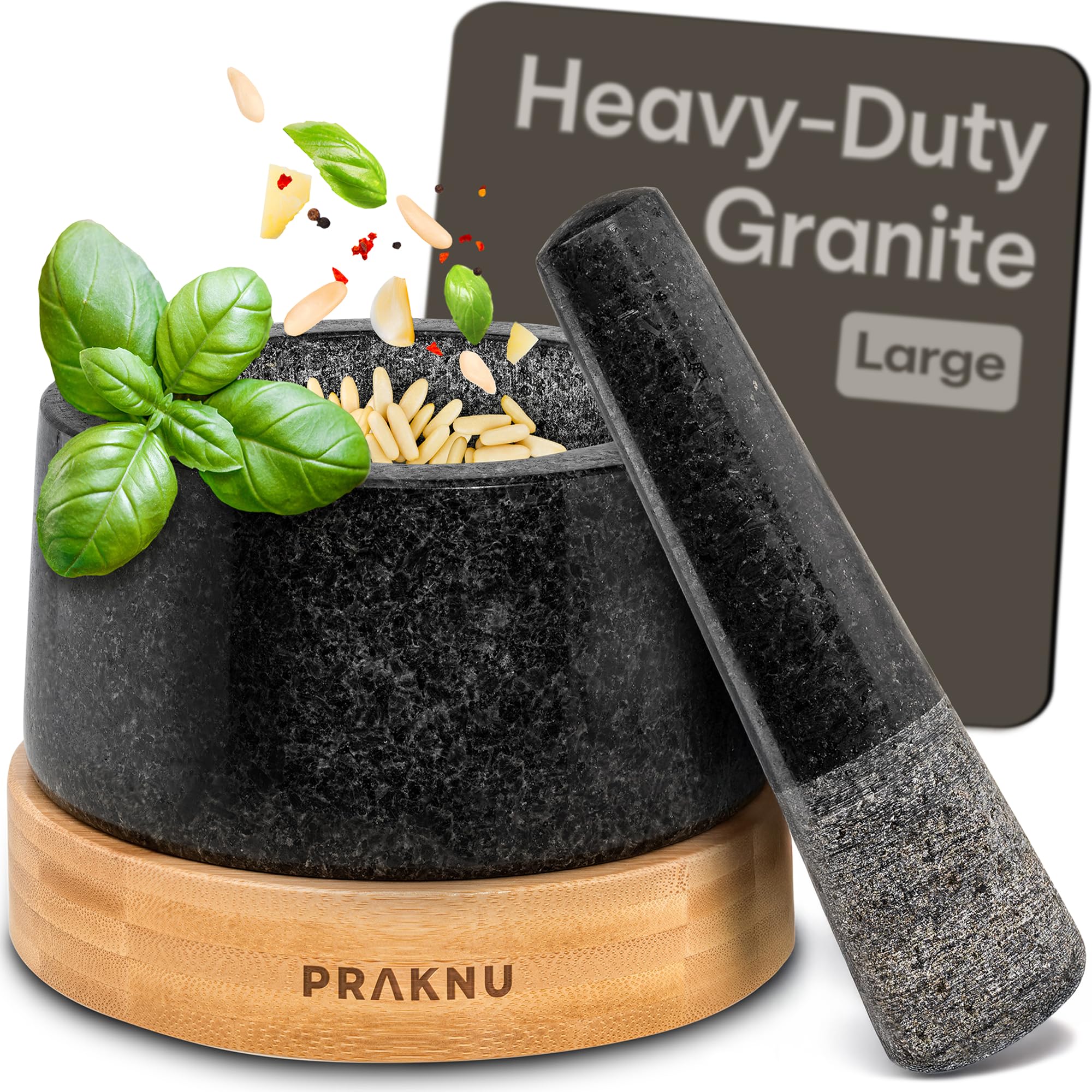 Praknu Mortar and Pestle Set Large 2 Cup - Heavy-Duty Stone Grinder for Spices & Herbs - Durable Granite Molcajete - Guacamole Bowl with Non-Slip Wooden Base - Effortless Grinding & Easy to Clean