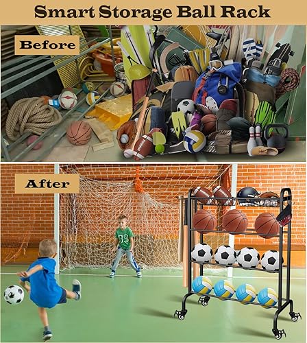 Miniatura 6 de Artibear Basketball Racks Holder for Balls with Wheels, Rolling Metal Sports Equipment Storage Stand Organizer with Baskets and Hooks for