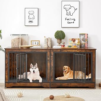 Rovibek 75 Double Dog Crate Furniture for 2 Large Dogs, Heavy Duty Dog Crate, Furniture Style Dog Crate End Table, Wood Crates for Dogs Kennel Indoor, Decorative Dog Crate with Double Door, Brown