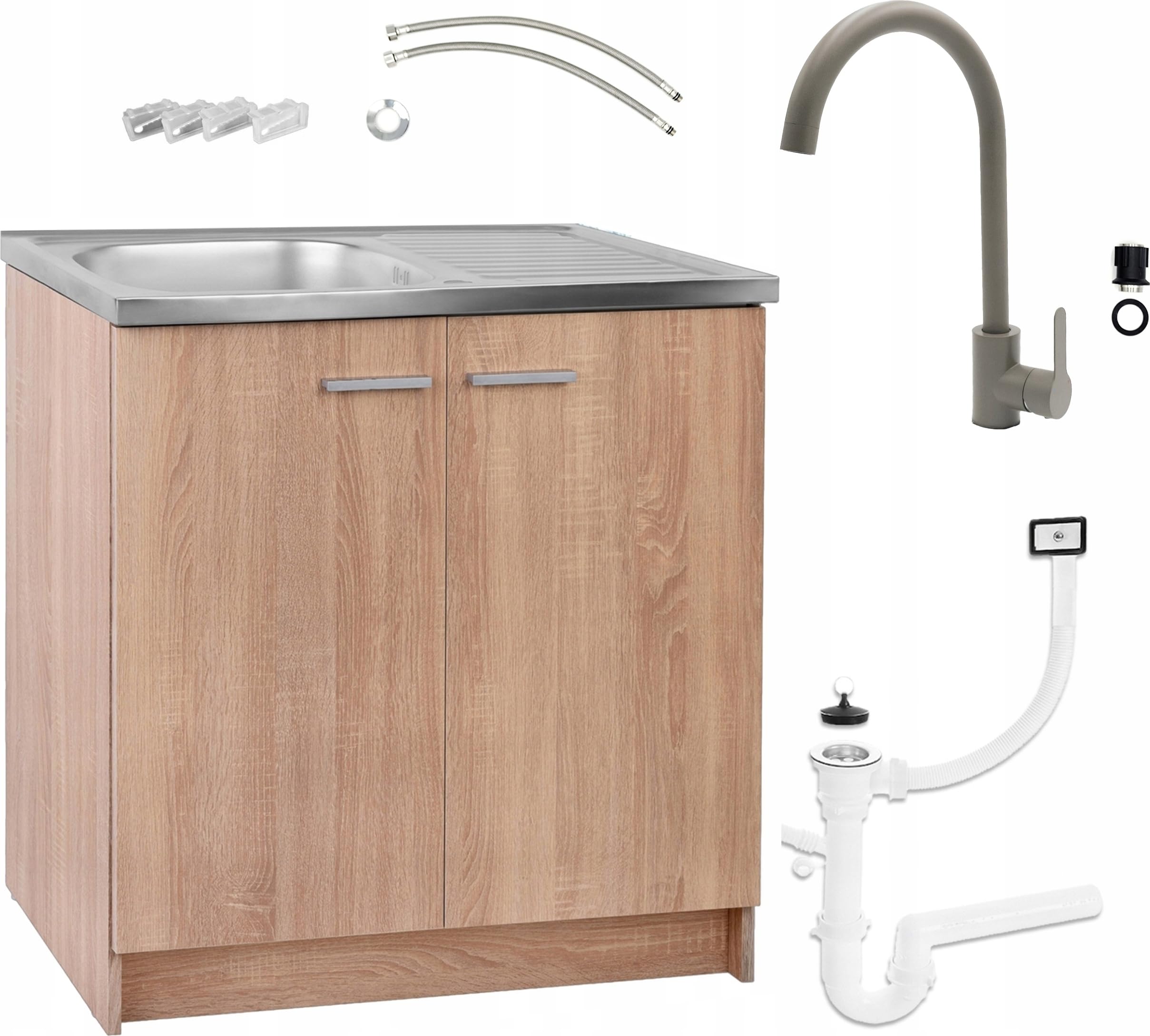 Armoire de cuisine meuble évier olive 80 cm chêne Sonoma avec siphon réglable