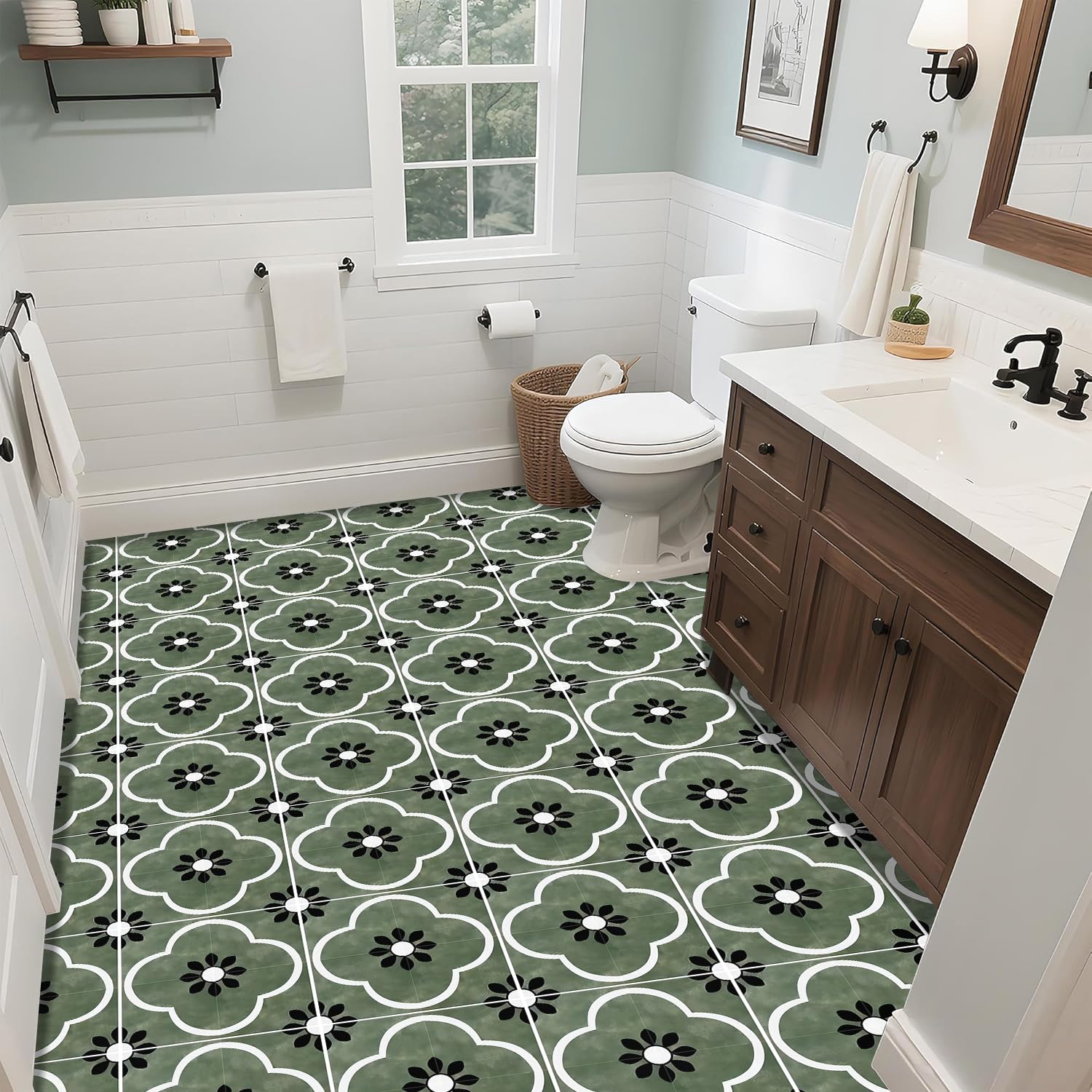 10 azulejos de vinilo de 12 x 12 pulgadas, diseño geométrico de flores de damasco verde, negro y blanco, para despegar y pegar, calcomanías de suelo extraíbles e impermeables para baño, entrada