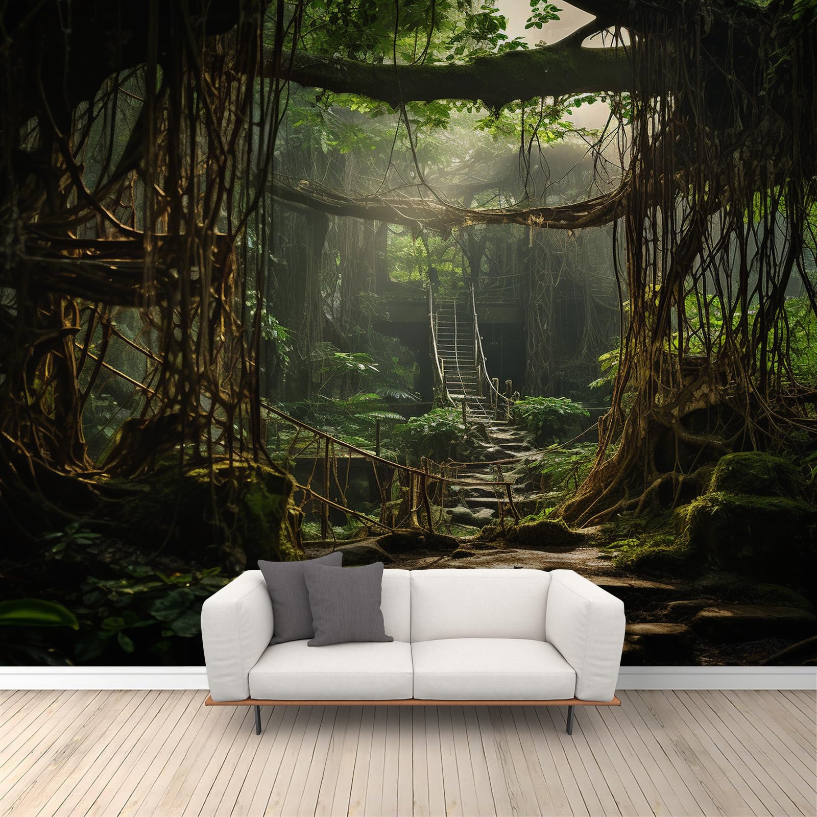 Tropical Rainforest Mural Jungle Path Murals Adventure Themed Wall Art Dense Jungle Green Forest Mural Wallpaper for Living Room Study Room Hotels 430 x 300 cm