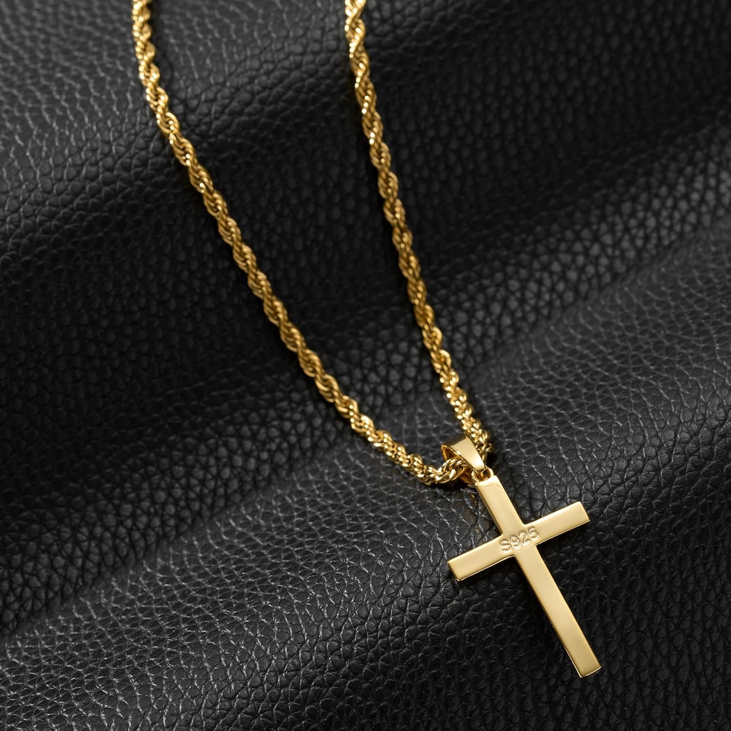 SWEETV 18K Gold Over 925 Sterling Silver Cross Necklace for Men/Women, Stainless Steel Cuban/Rope Chain Cross Pendant 18-24 inch, Religious Jewelry Gifts for Men - Image 3