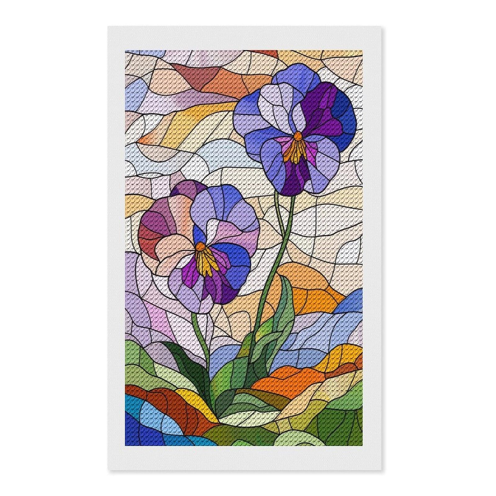 Junmoney Stained Glass Pansies Diamond Art Canvas 12"x20", Decorate Your Room, Mindful Craft Activity, Cosy Home Accent, Thoughtful Handmade Gift