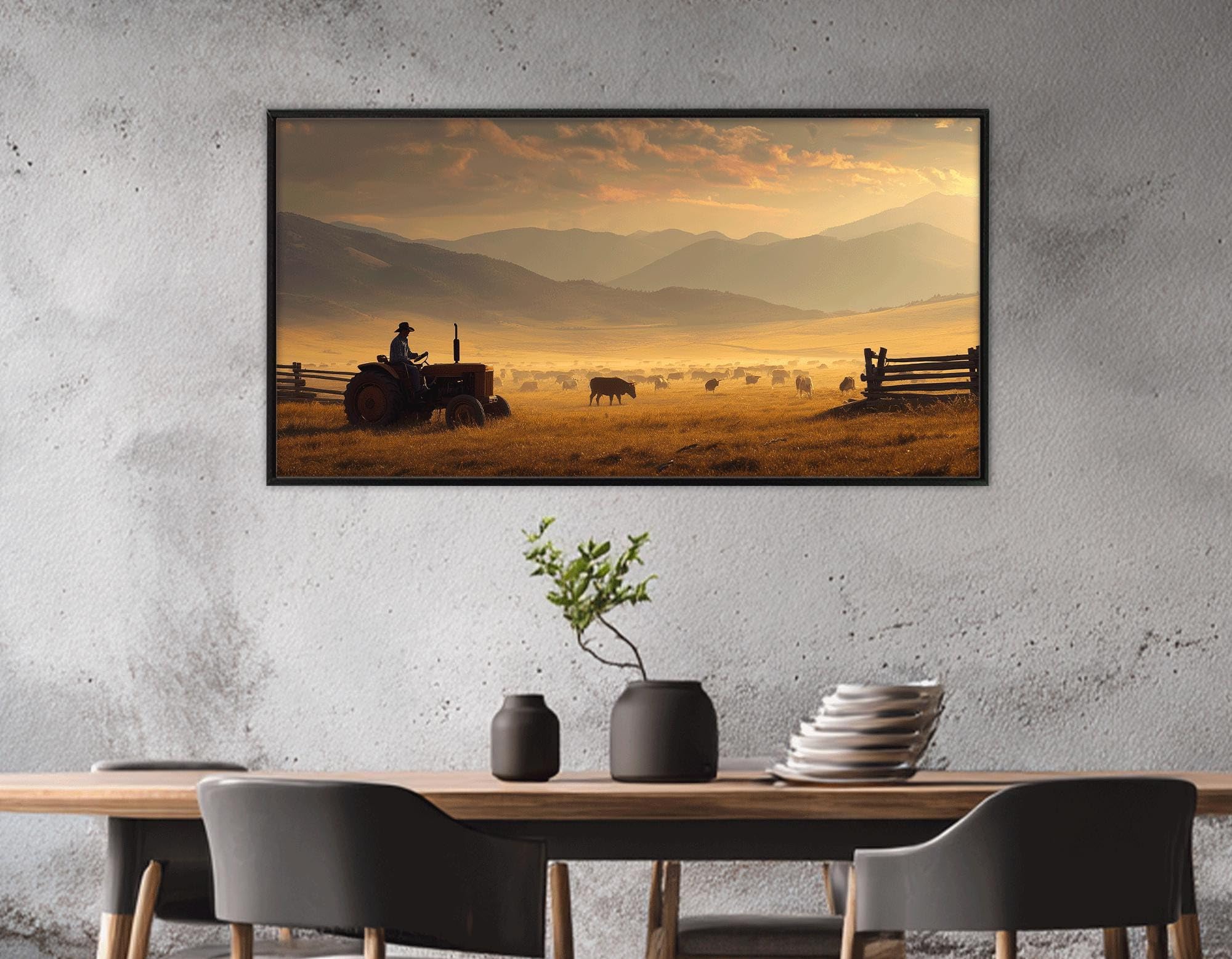 LMYCHENG Obrazy na płótnie z motywami kowbojskimi ranczo traktory plakaty pasące się krowy sztuka ścienna do salonu obraz dekoracyjny do domu (30 x 60 cm / rama wewnętrzna)