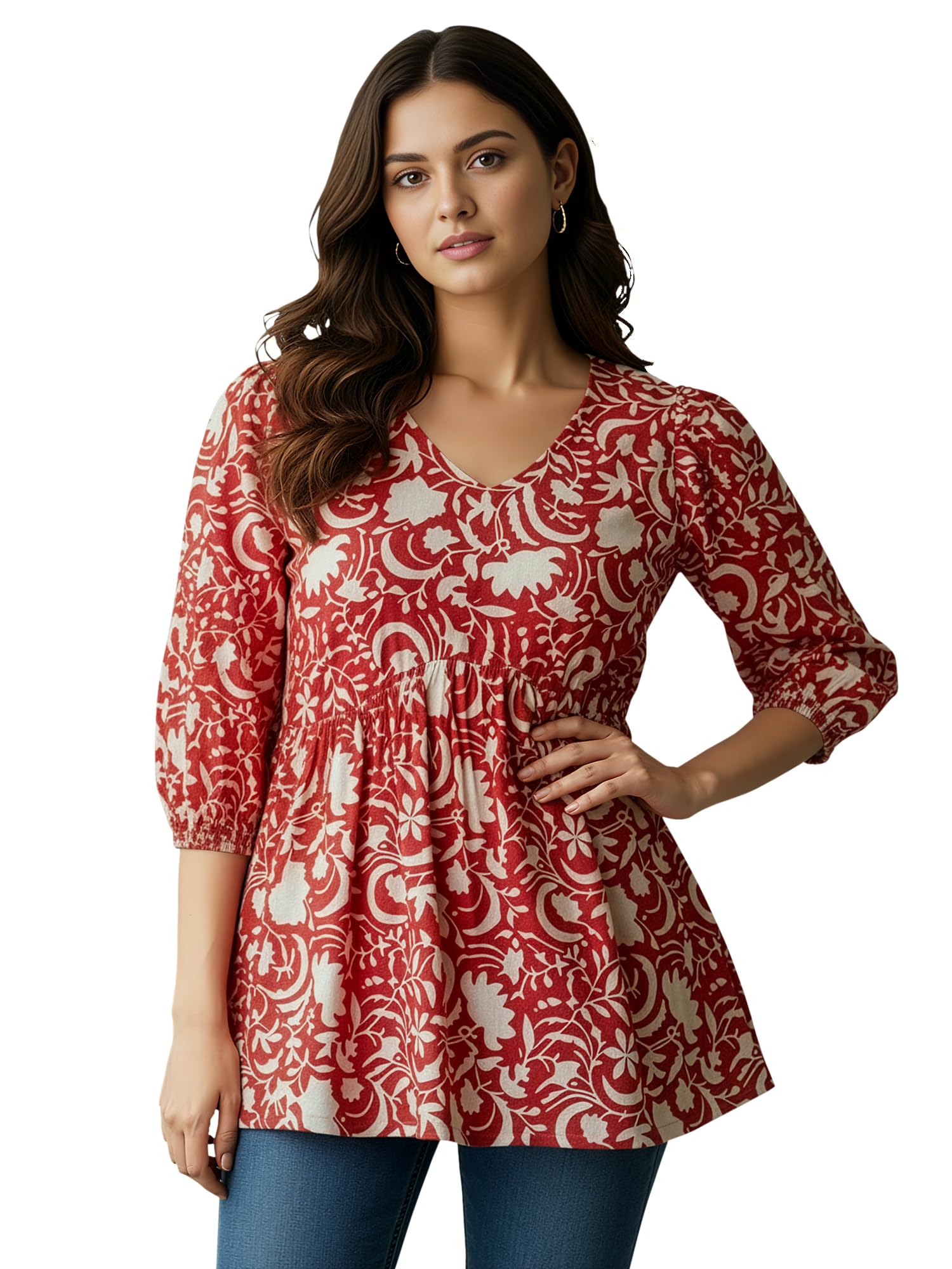 navyankaa Women’s Red Floral Printed A-Line Tunic Top | V-Neck, Long Sleeves, Flared Casual Kurti (Kurti-Alto-P)-picture-41