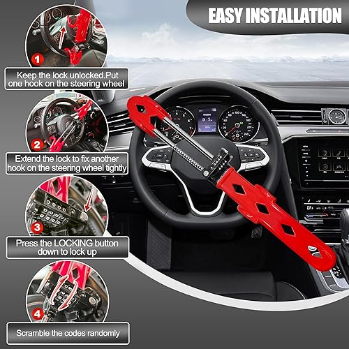 Miniatura 6 de KAYCENTOP Cerradura de volante con doble gancho antirrobo, dispositivo de automóvil, longitud ajustable, productos de seguridad universales para