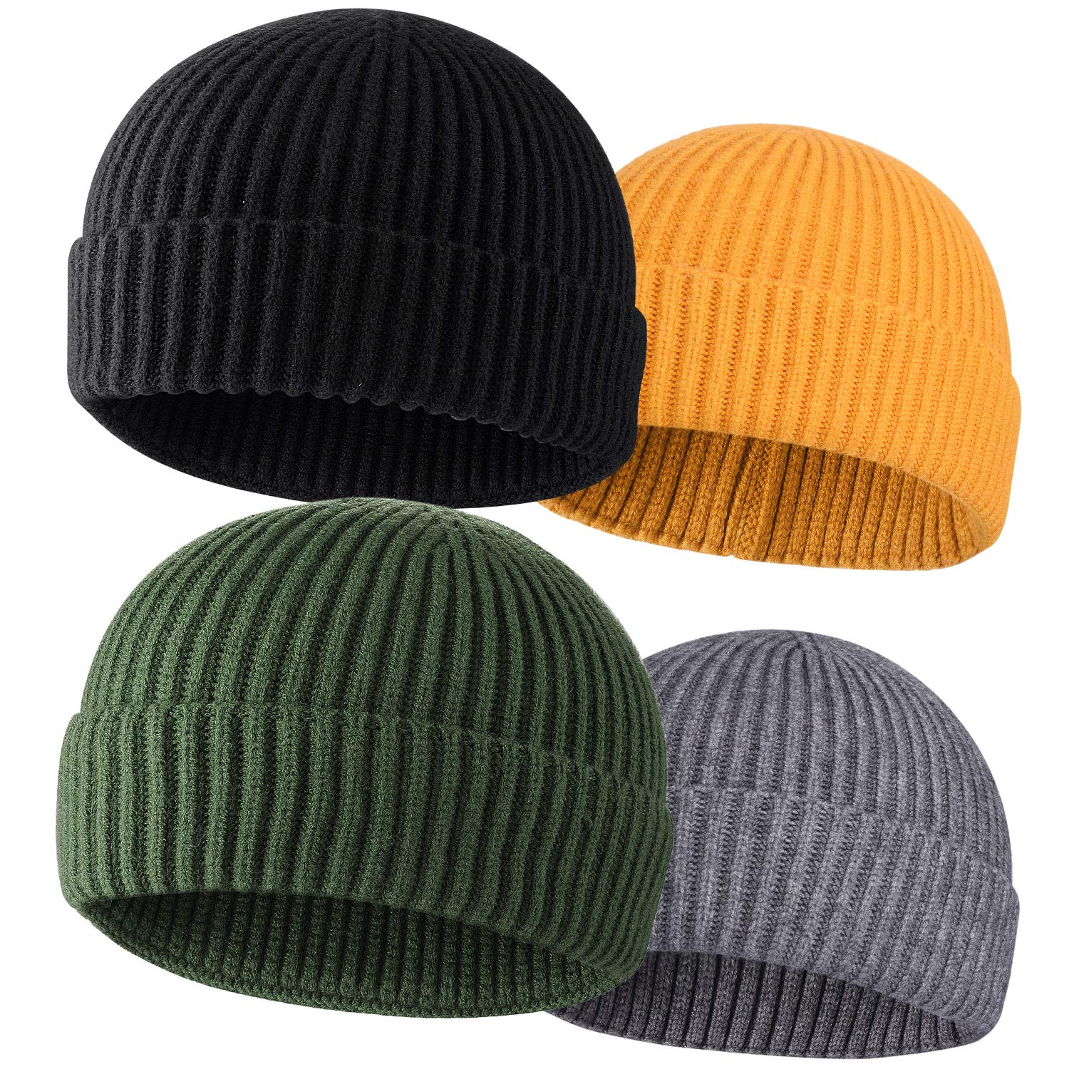 ROYBENS 4 Pack Wool Fisherman Beanies for Men Knit Short Watch Cap Winter Warm Hats