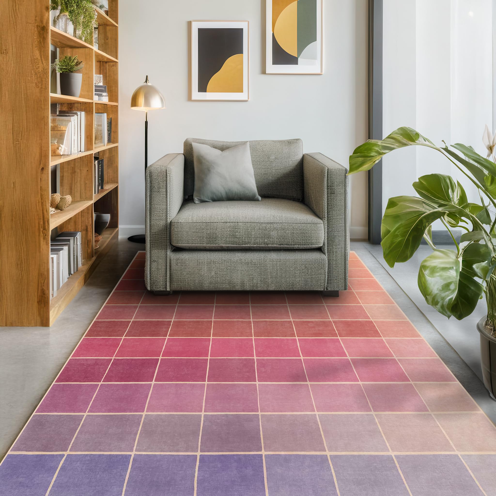 Mid-Century Modern Ombre Pink Checkered Rug 5x8, Retro Eclectic Colorful Funky Contemporary, Washable Area Rugs Non Slip Low Pile for Nursery Playroom Kids Living Room Dining Bedroom Girls Boys