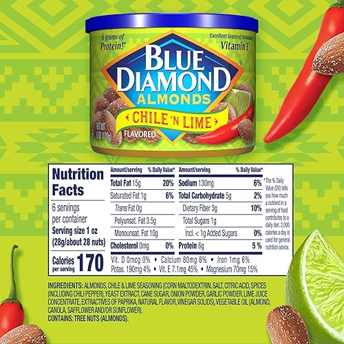 Miniatura 4 de Blue Diamond Almonds, Snack Nut con sabor a Chile n' Lime perfecto para llevar y aperitivos, lata de 6 onzas