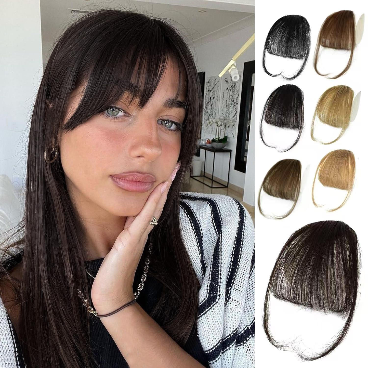 NAYOO Bnags Hair Clip- Dark Brown Fake Bangs 100% Real Human Hair Extensions Wispy Bangs for Women Fringe with Temples Hairpieces Curved Bangs for Daily Wear(Dark Brown Wispy Bangs)