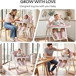 3 en 1 Chaise haute bébé avec roues, réglable 5 Harnais pointu, plateau, repose-pieds, dossier et hauteur du siège, chaise haute pliable pour les tout-petits, rose