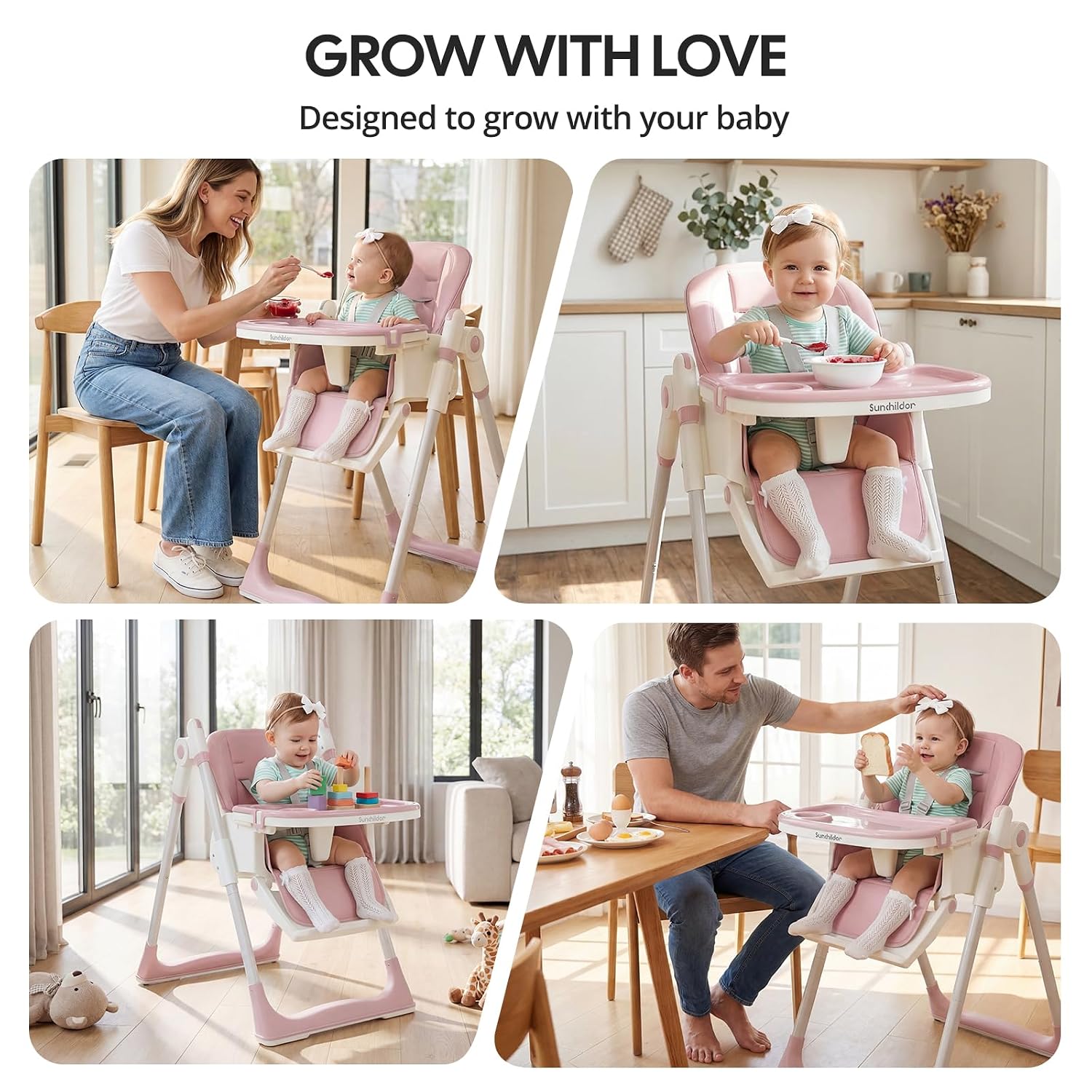 3-in-1 Baby High Chair with Wheels, 5-Point Harness, Tray, Footrest, and Backrest, Foldable and Adjustable for Toddlers 6-36 Months, Pink
