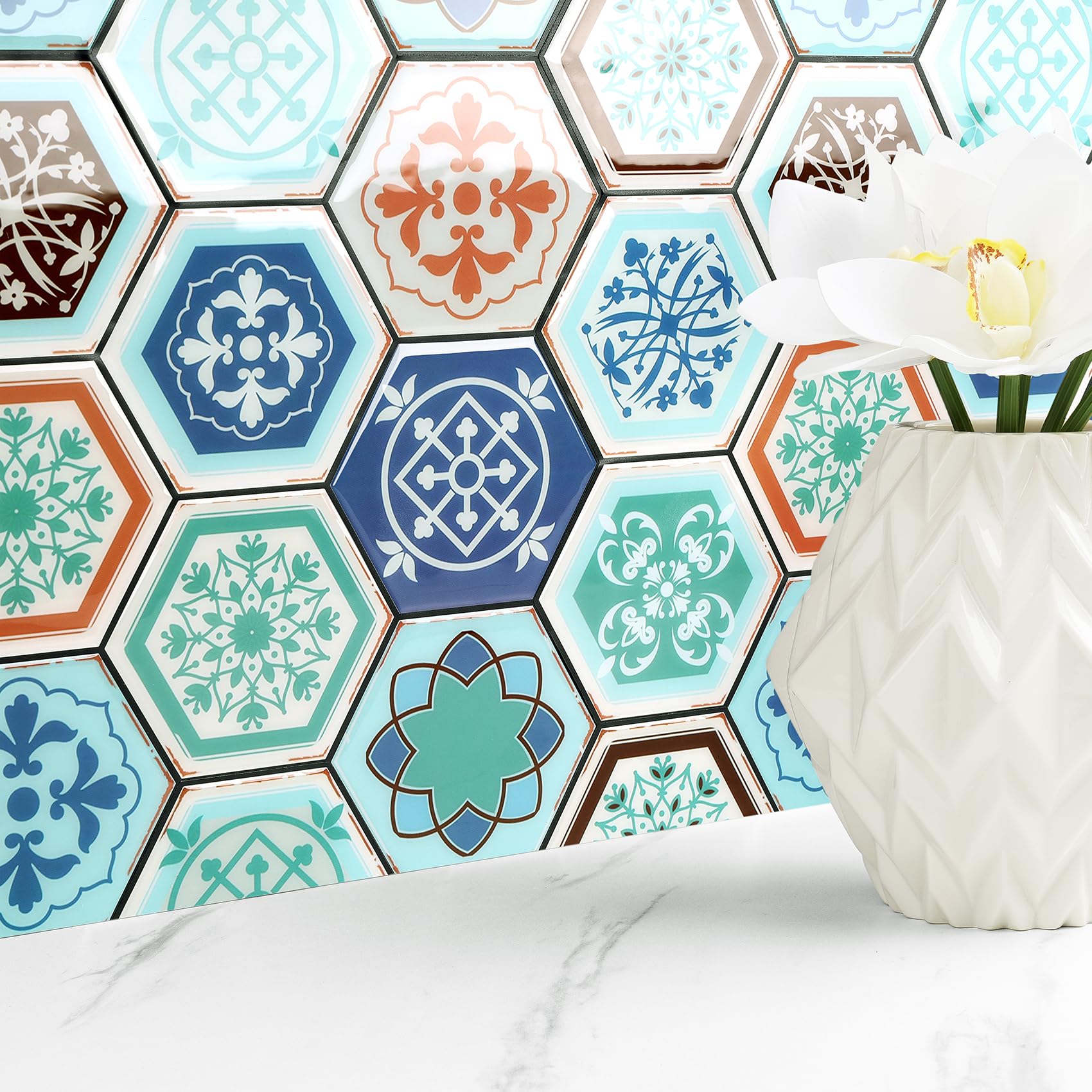 Livelynine 16-Tile Geometric Peel And Stick Backsplash – 12x12 Inch Vinyl, Waterproof, Heat Resistant, Removable – For Kitchen, Bathroom, Shower Walls, And Fireplace