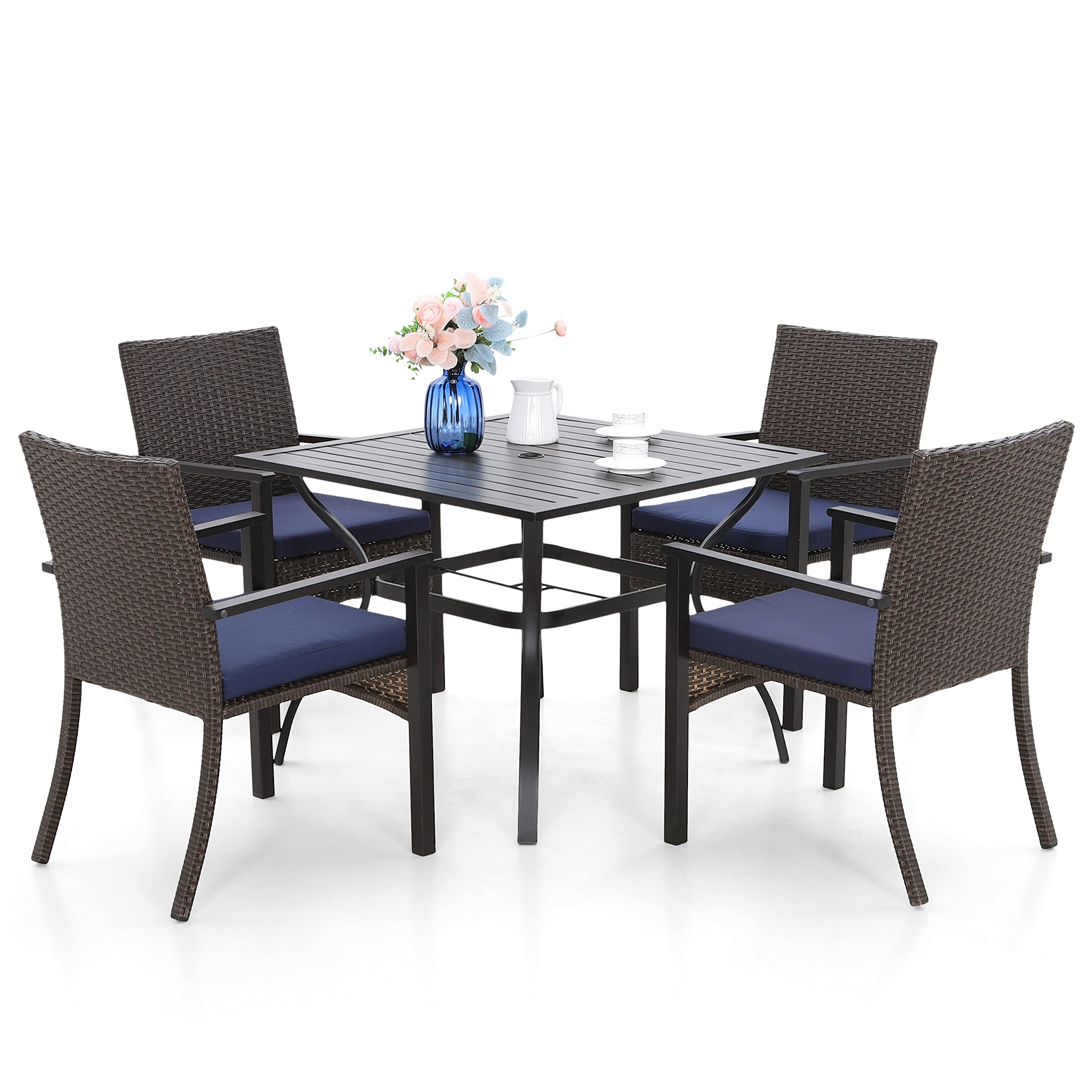 MFSTUDIO Rattan Balkonmöbel Set, Gartenmöbel Set 4 Stühle mit Tisch, Quadratische Stahl Lamellen Tisch mit 4cm Schirmloch und 4 Polyrattan Sessel für Terrasse, Balkon, Bistro, Hinterhof Garten