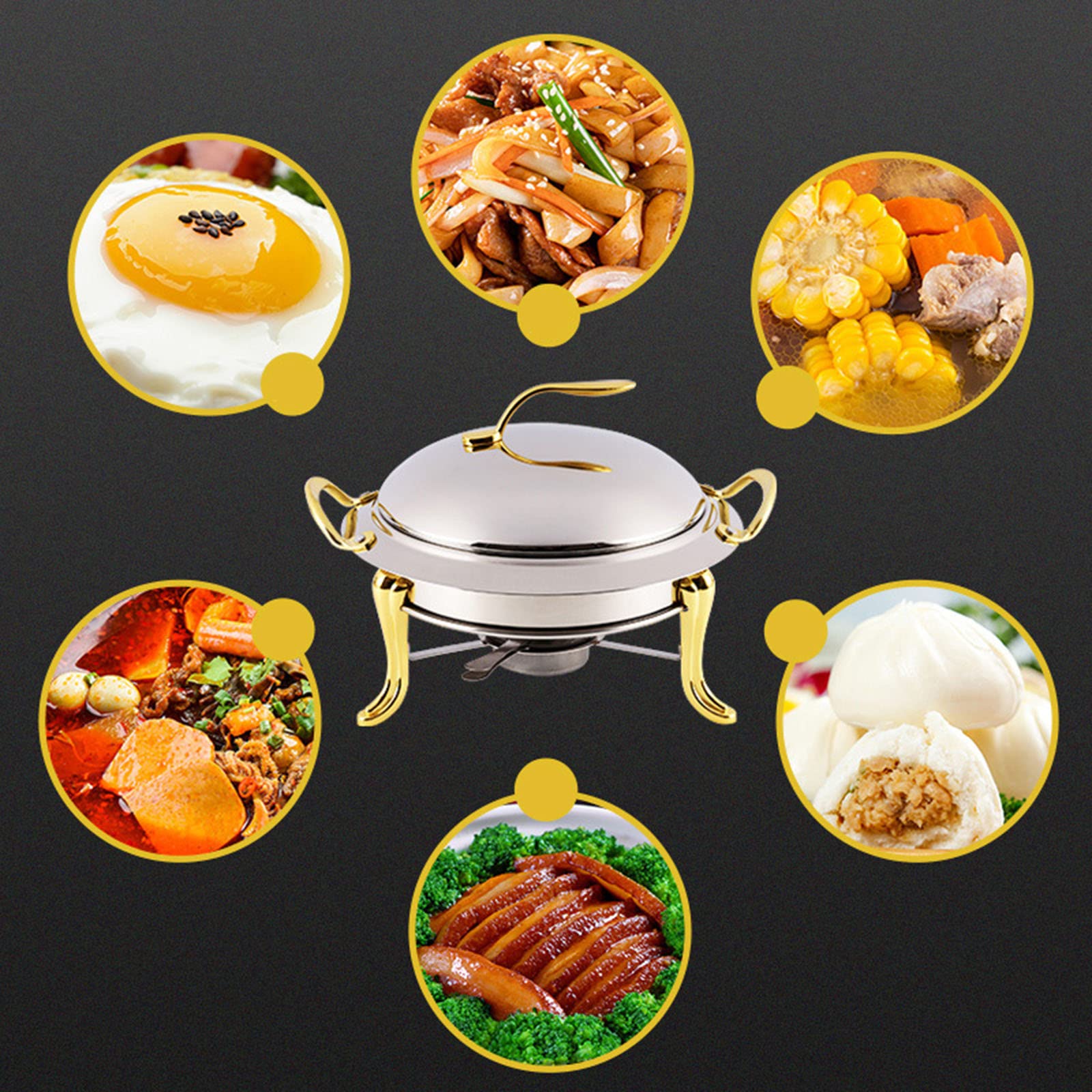Juego de 3 platos redondos de acero inoxidable dorado de tamaño completo, calentador de alimentos con tapas y soportes de combustible, vajilla elegante para eventos