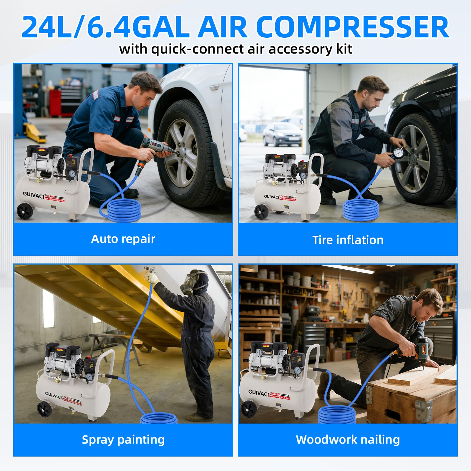Flüsterkompressor 24L Ölfrei – 1100W (1.5PS), max. 8 Bar, 190L/min, 60dB, mit 10m Luftschlauch, Für Werkstatt, Auto und Lackierung