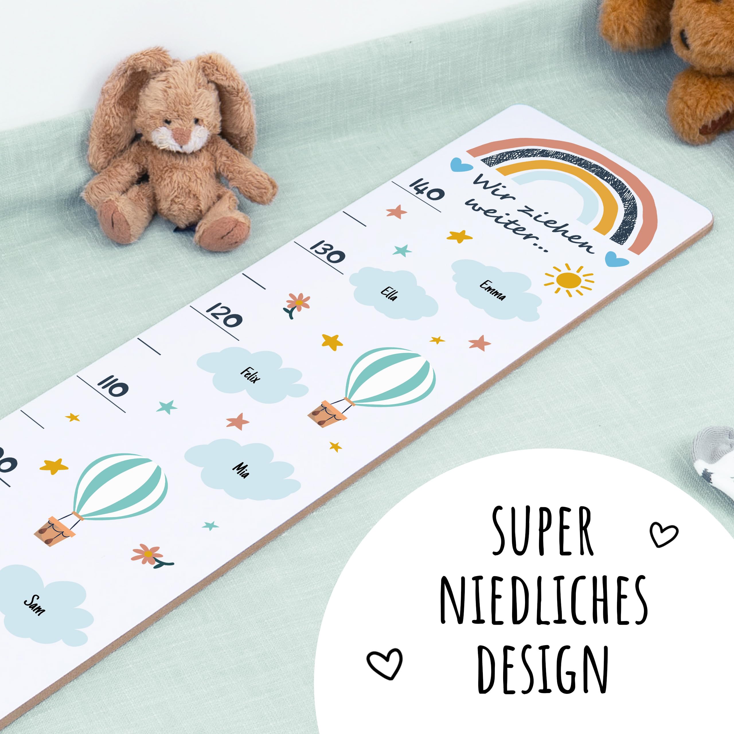 Holzura Messlatte aus Holz Personalisierbar mit Kindernamen, Wolken Design, Abschiedsgeschenk für Erzieher