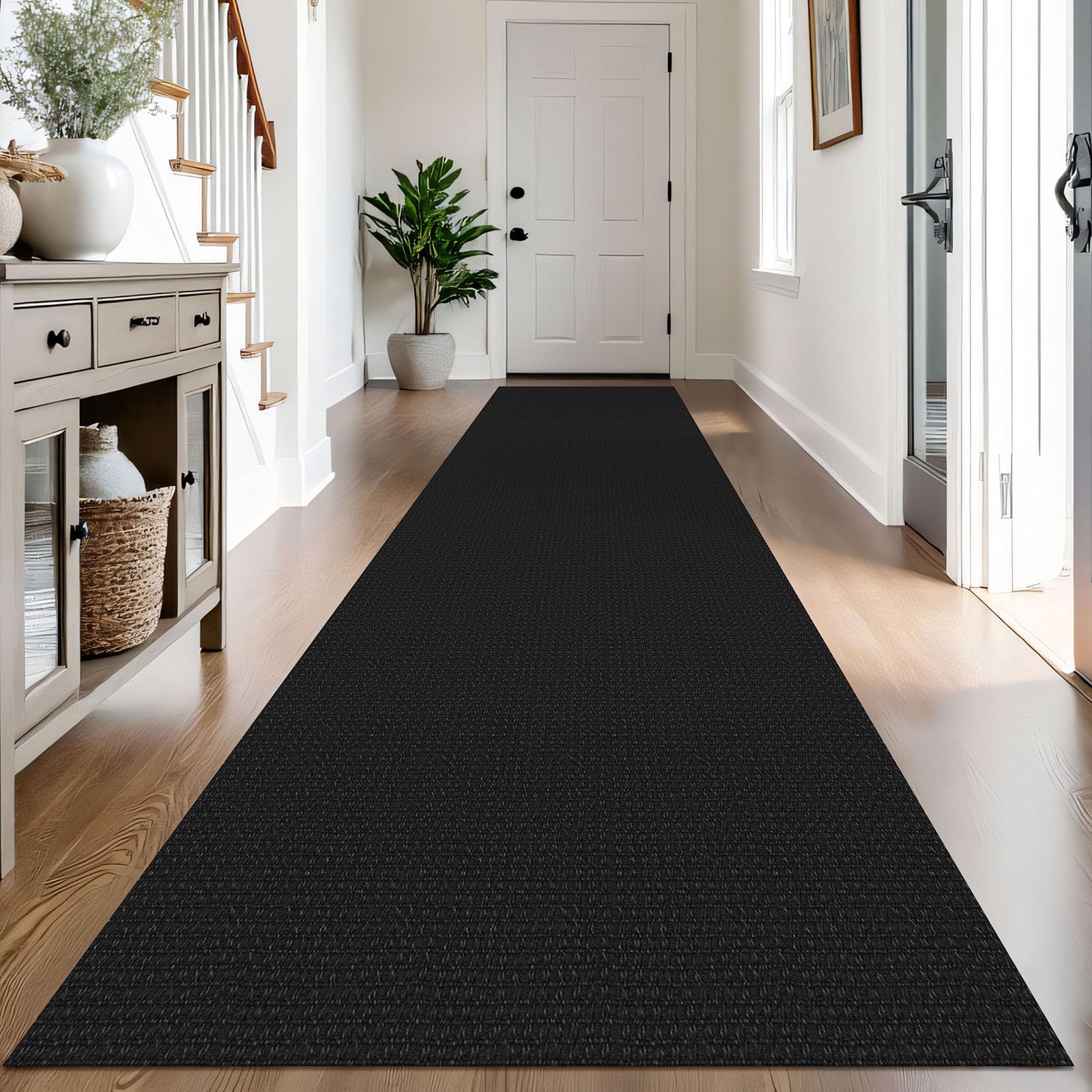 IOHOUZE Washable Exrea Long Hallway Runner Rug 3x14 Non Slip Rubber Backed Kitchen Runner Entryway Runner Indoor, Woven Rugs Floor Carpet for Kitchen Hall Entryway Stair,Black/Grey