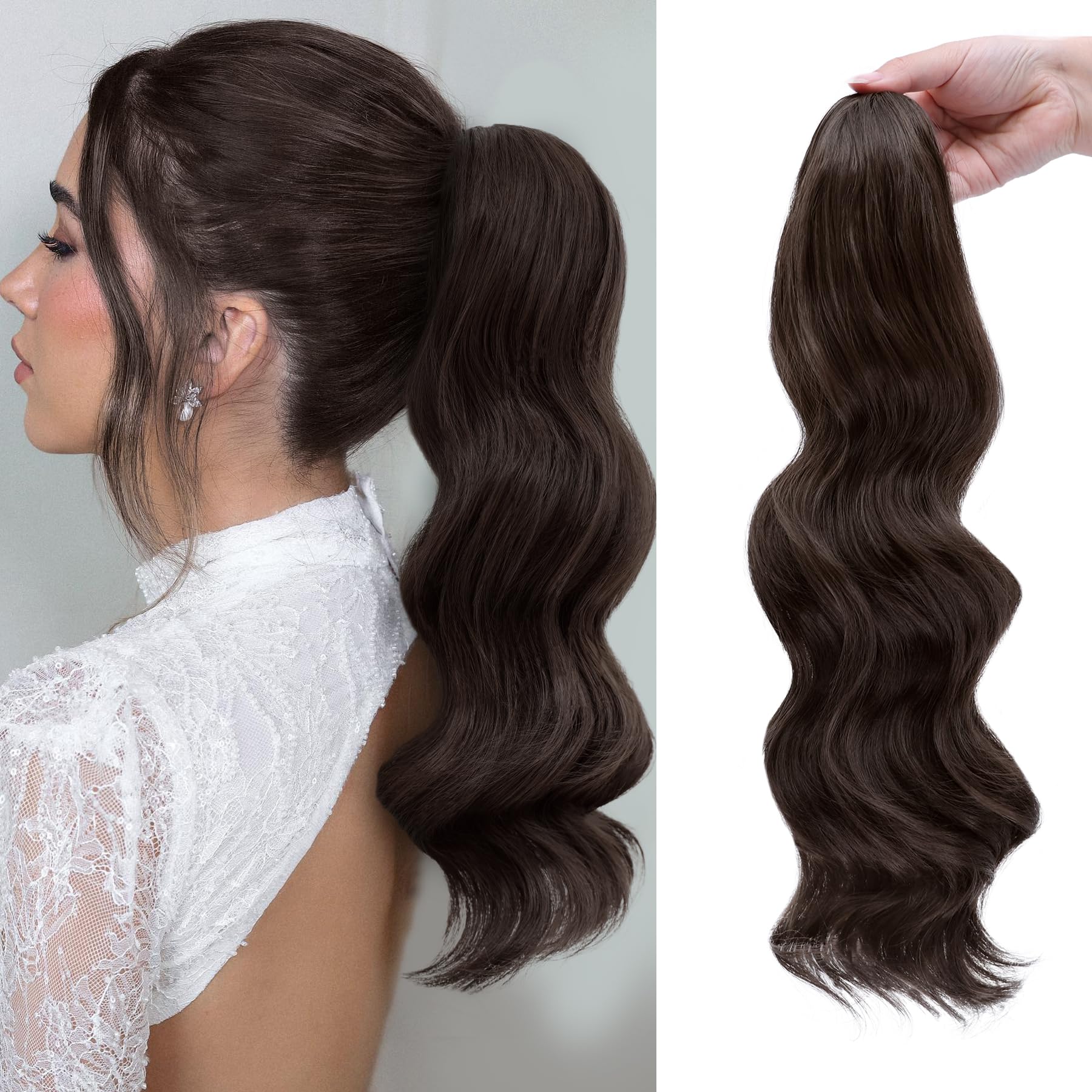 20 Inch Synthetic Wavy Claw Clip Ponytail Hair Extension for Women Dark Brown 20 Inch