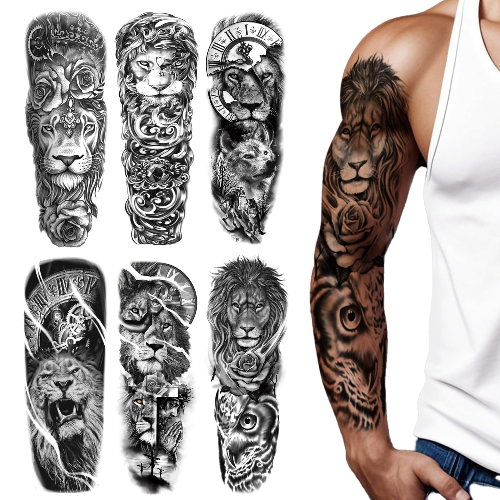 6 Sheets Black Lion Temporary Tattoos – Full Arm Fake Tattoo Sleeves – Bold Tribal & Realistic Designs – Waterproof, Easy to Apply, Vegan Safe for