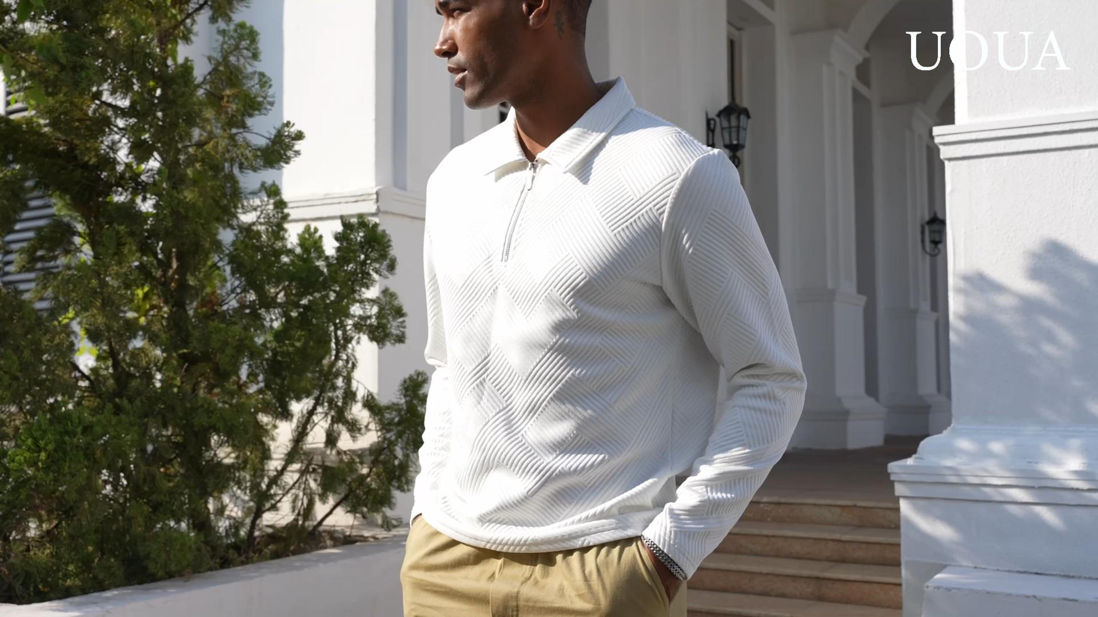 Camiseta Polo Hombre UOUA con Cuello Cuarto de Cierre, Manga Larga, Tela Texturizada para Verano Casual y Negocios miniatura 7